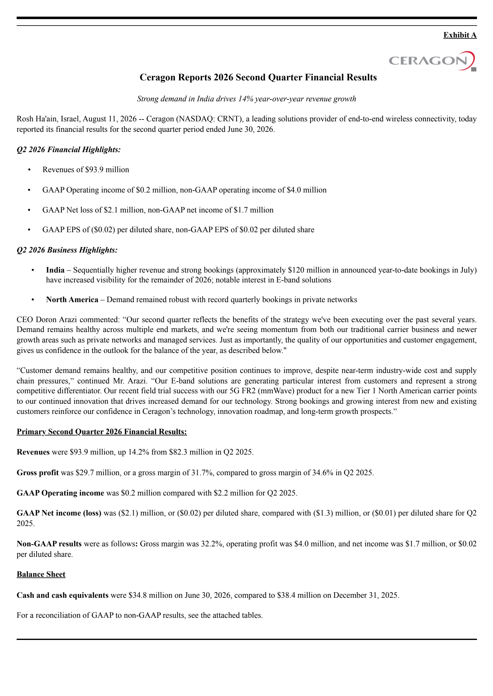 Ceragon Networks' Q2 2026 Press Release
