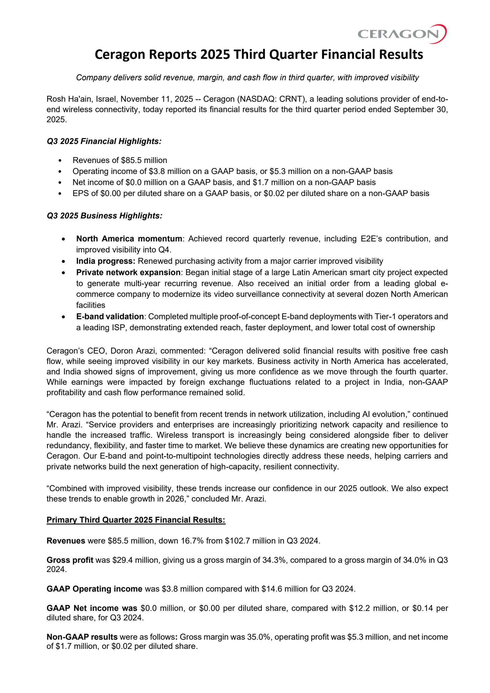 Ceragon Networks' Q3 2025 Earnings Release