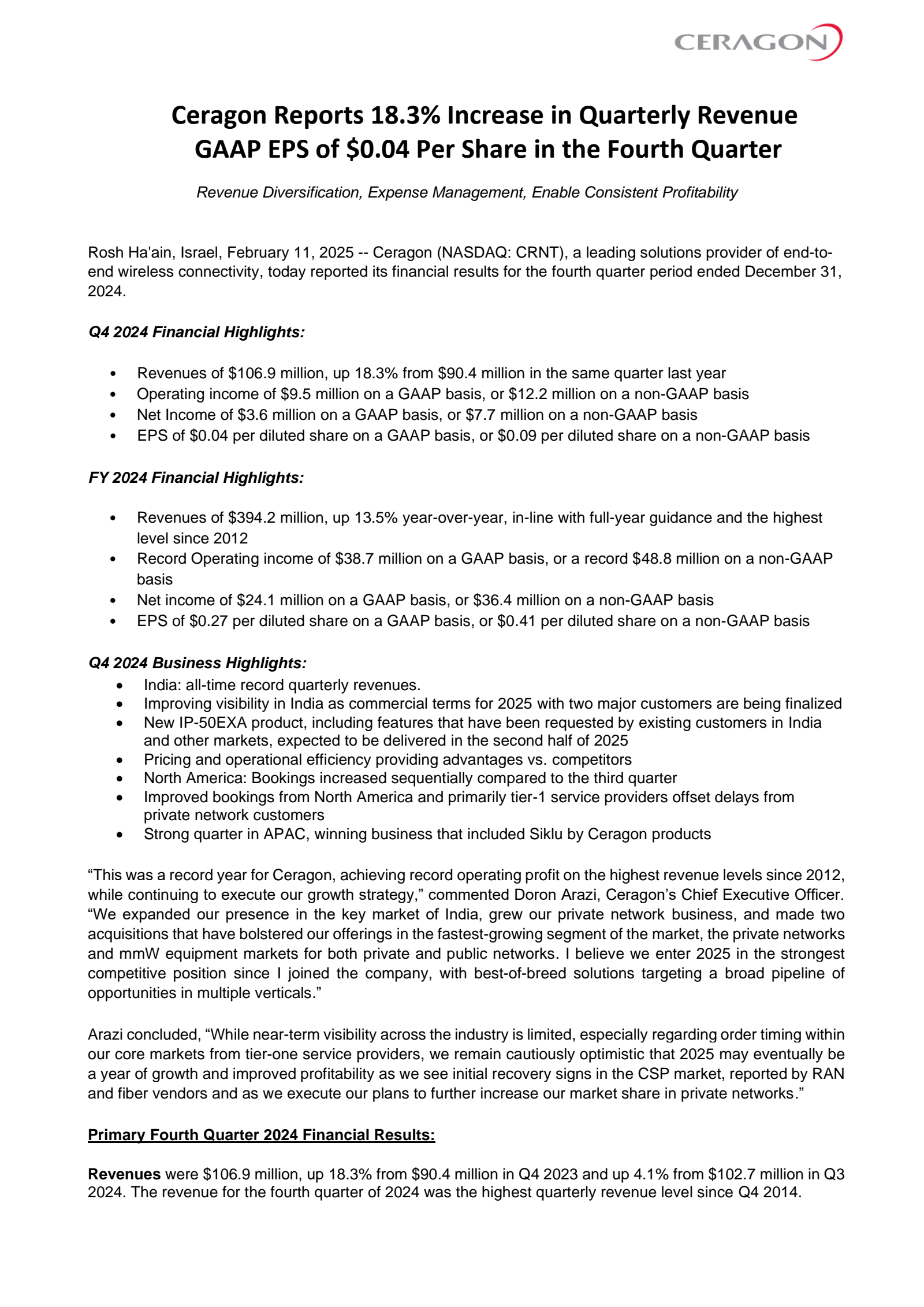 Ceragon Networks' Q4 2024 Press Release
