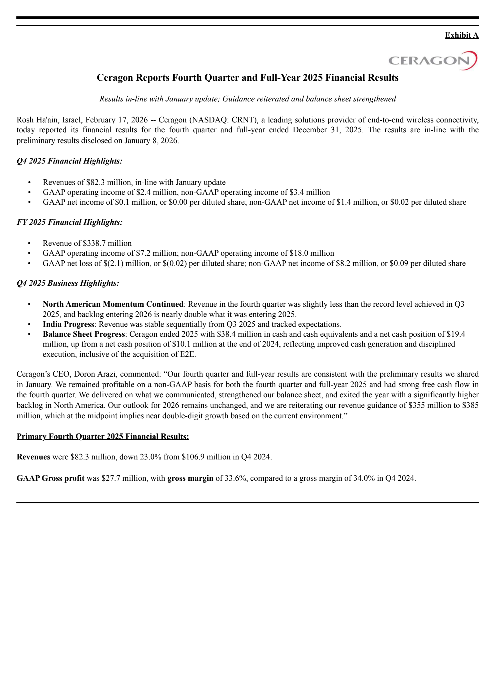 Ceragon Networks' Q4 2025 Press Release