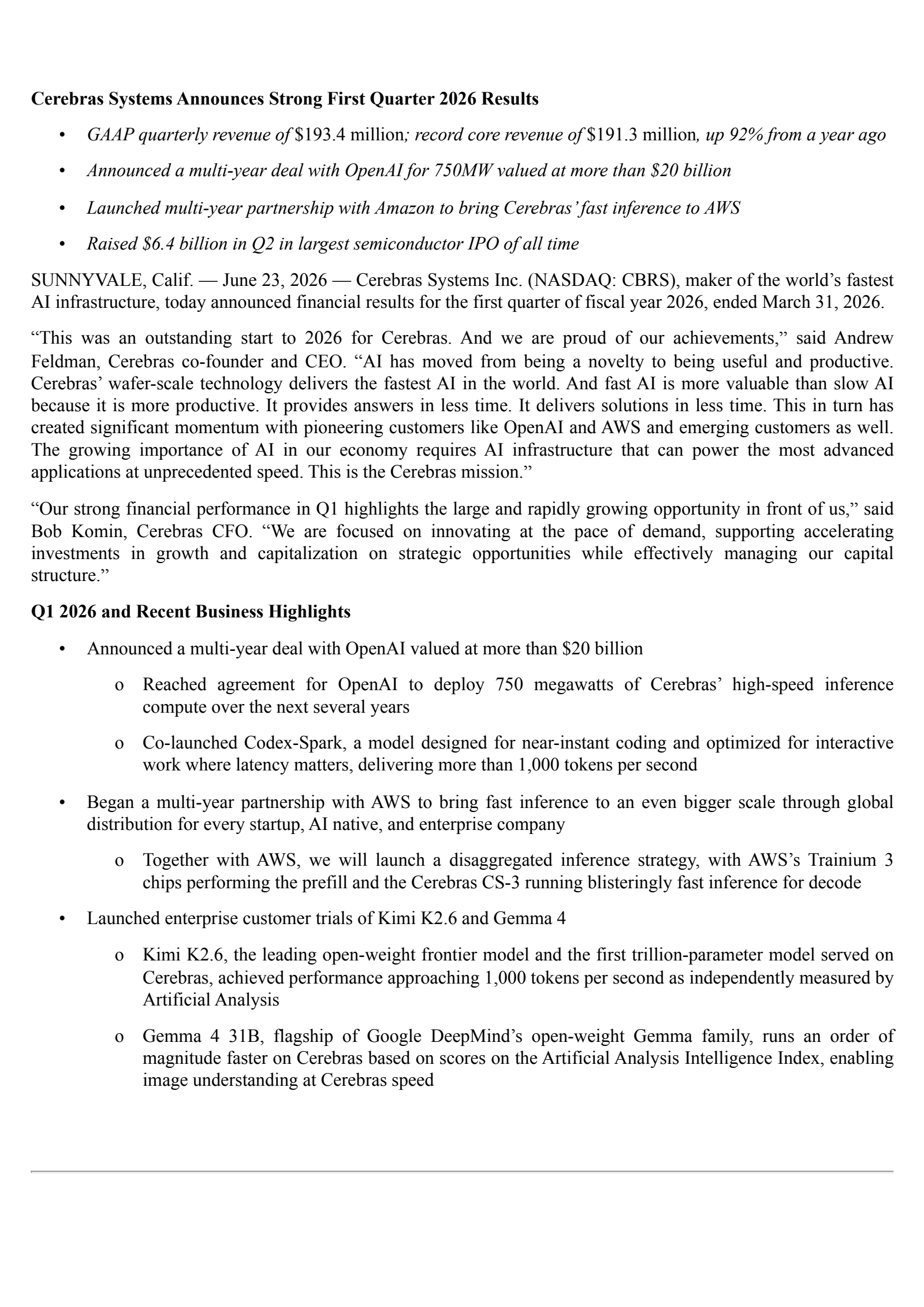 Cerebras Systems' Q1 2026 Press Release