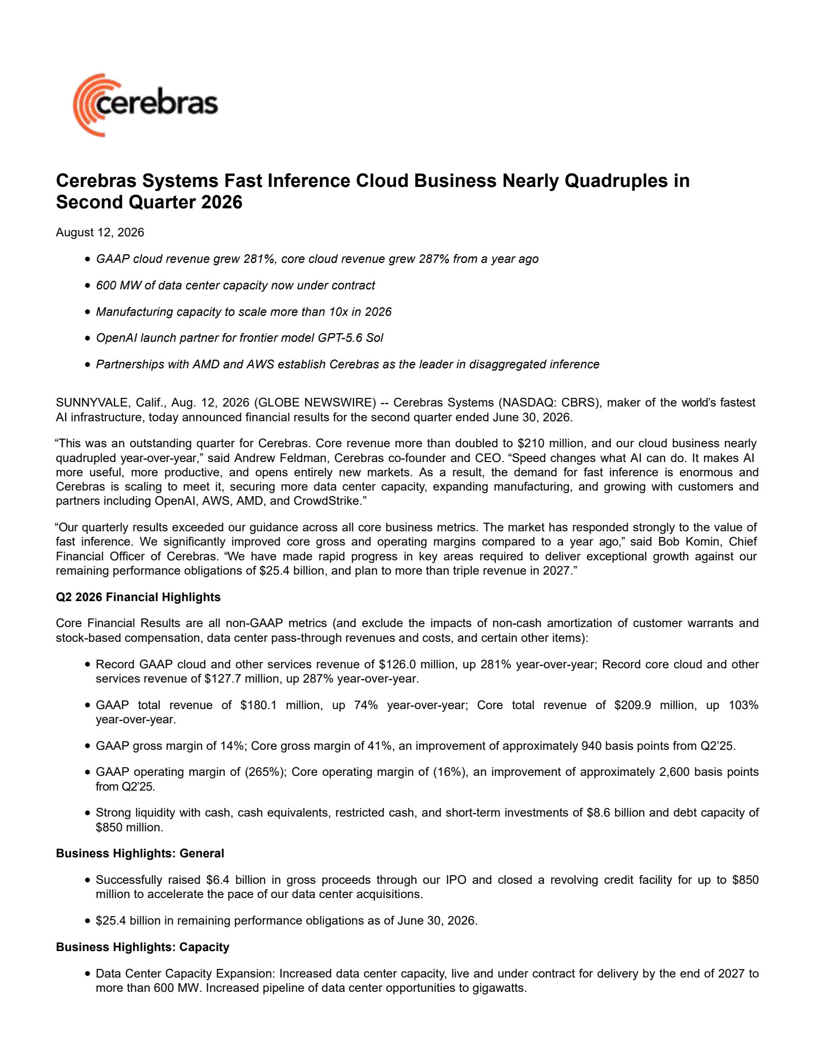 Cerebras Systems' Q2 2026 Press Release