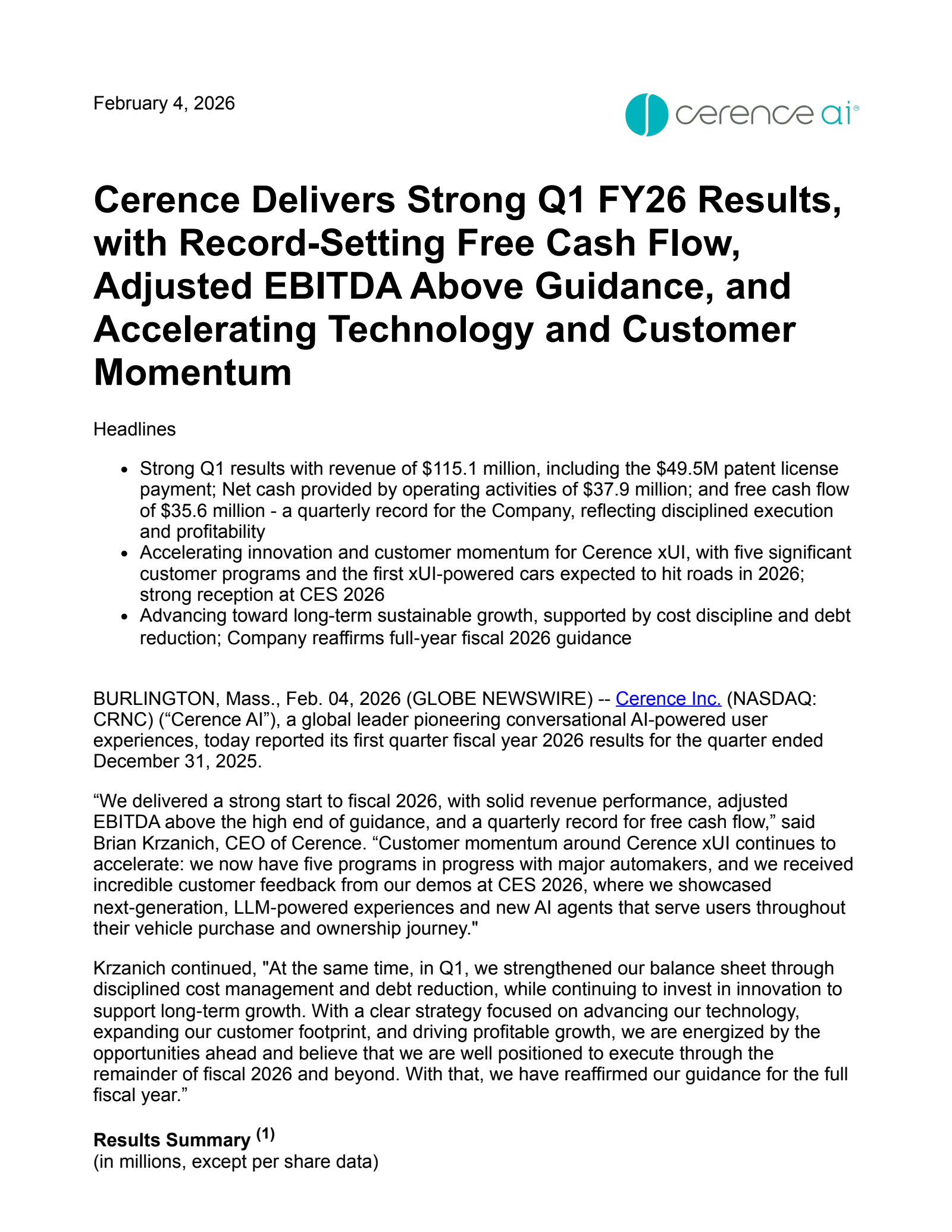 Cerence's Q1 2026 Press Release