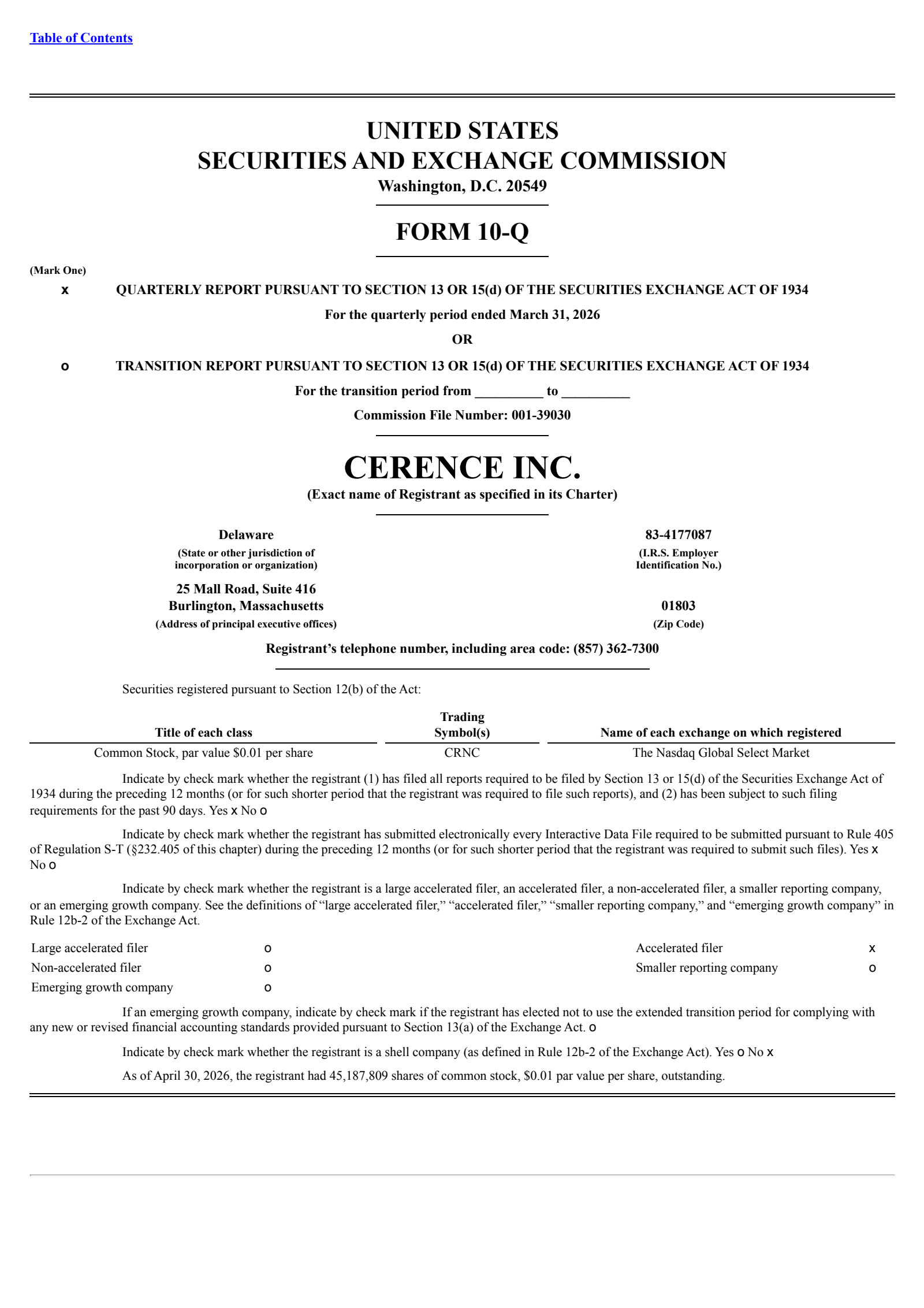 Cerence's Q2 2026 Quarterly report