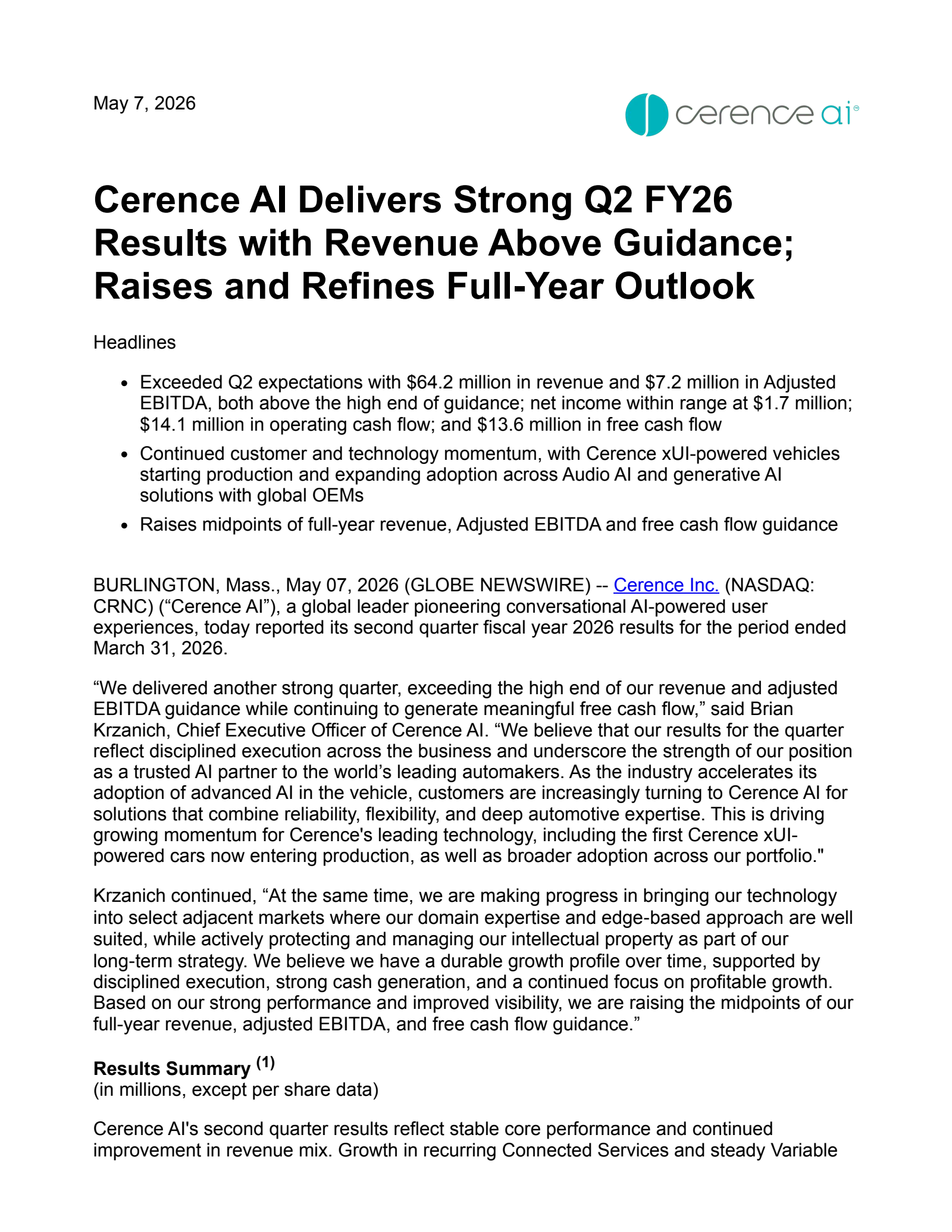Cerence's Q2 2026 Press Release
