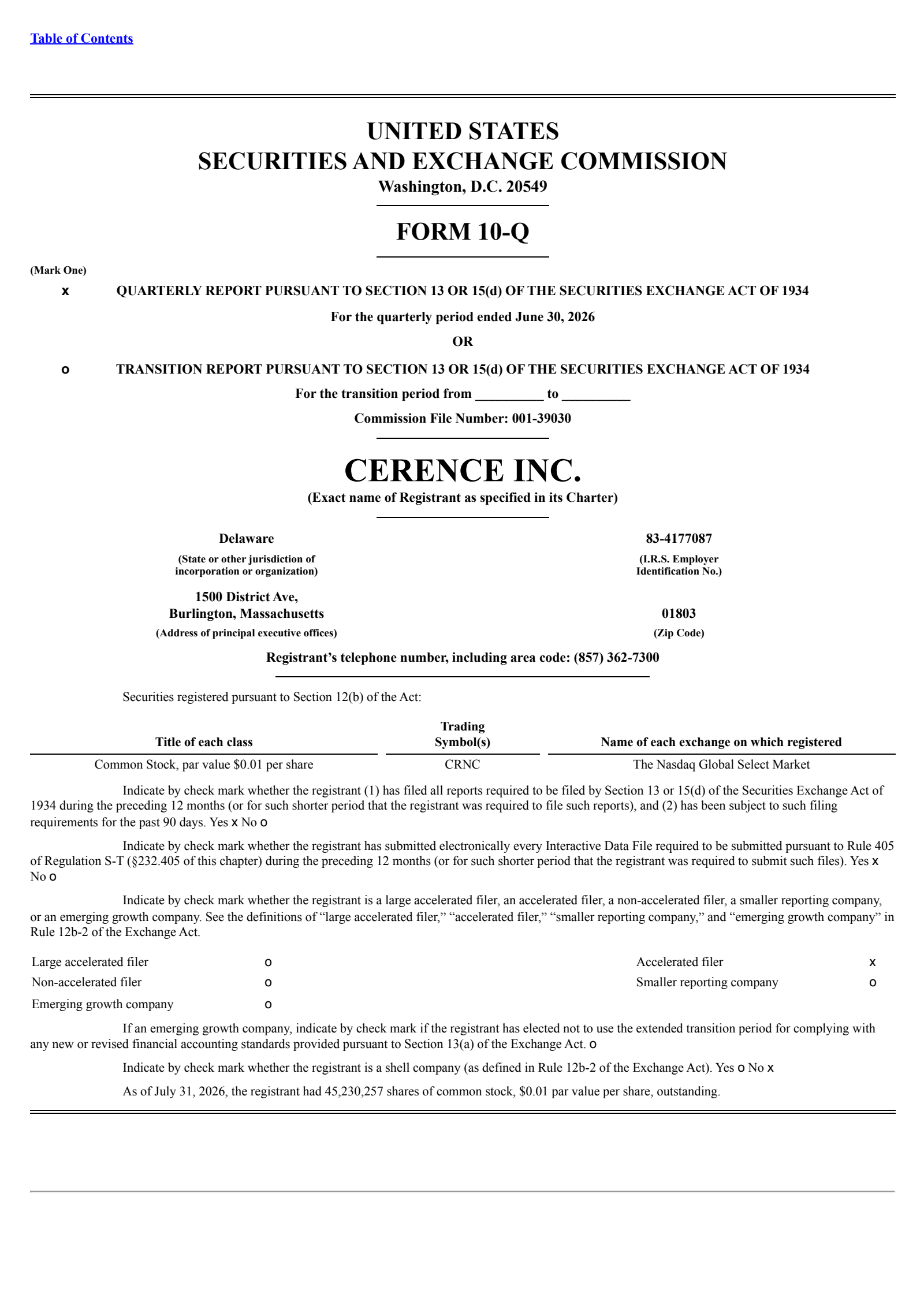 Cerence's Q3 2026 Quarterly report