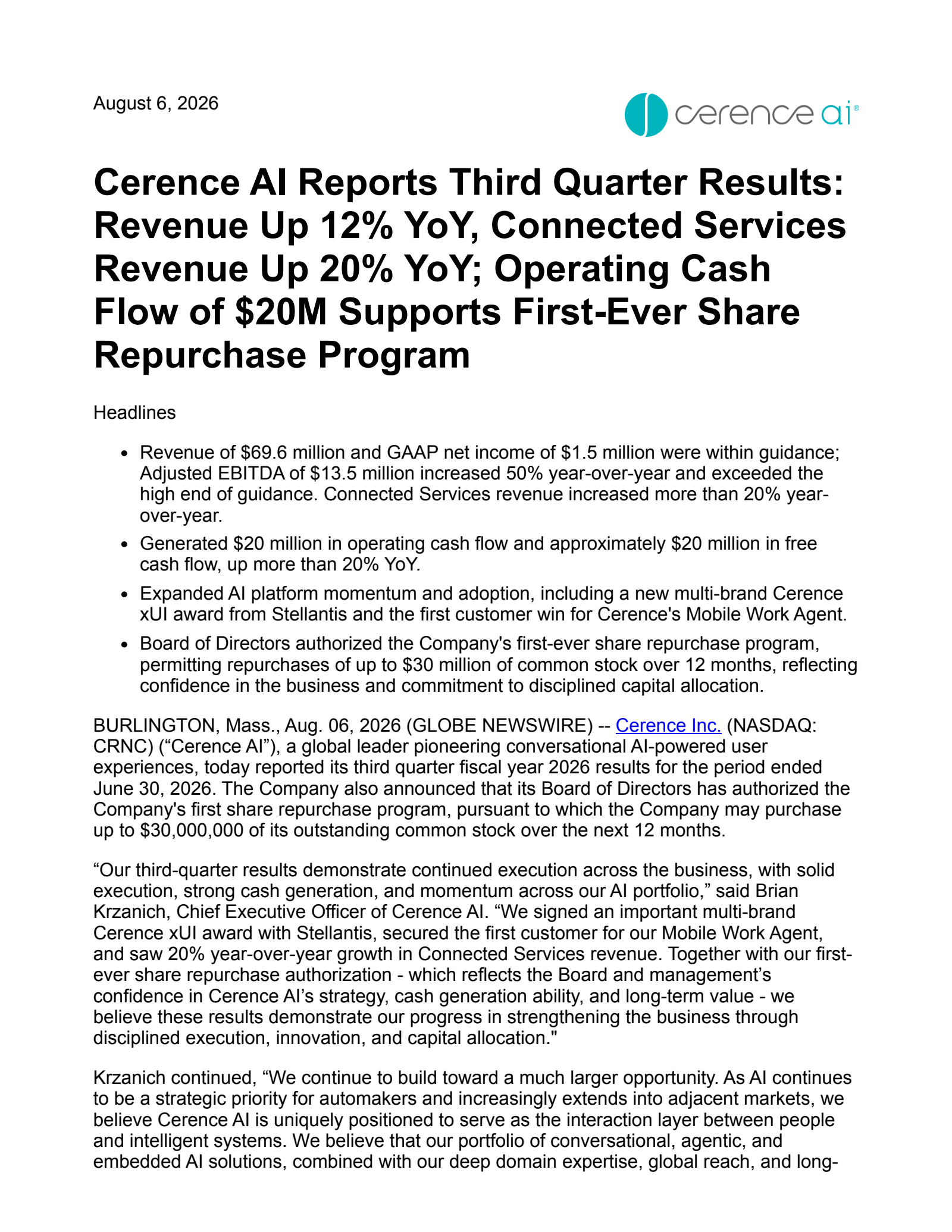 Cerence's Q3 2026 Press Release