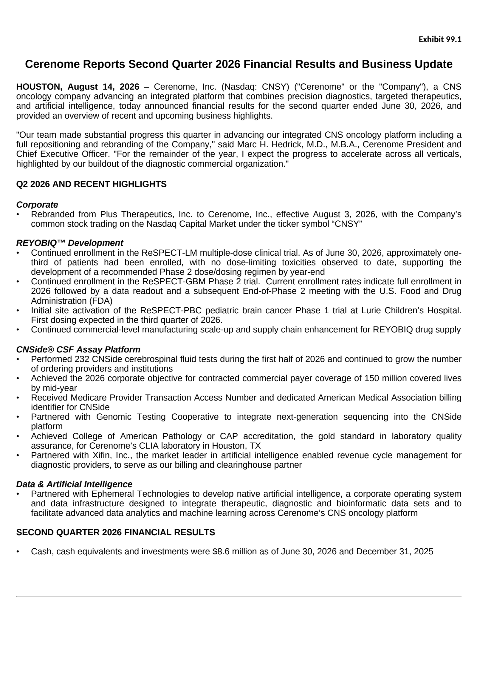 Plus Therapeutics' Q2 2026 Press Release