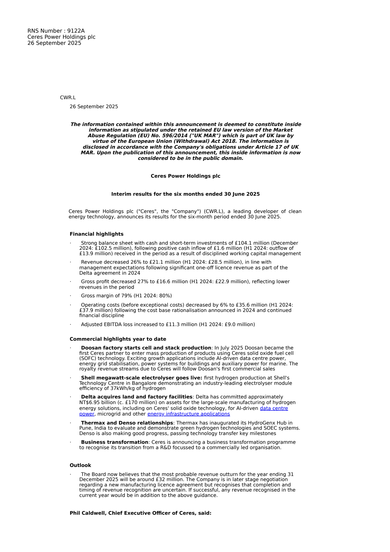Ceres Power's H1 2025 Interim Report