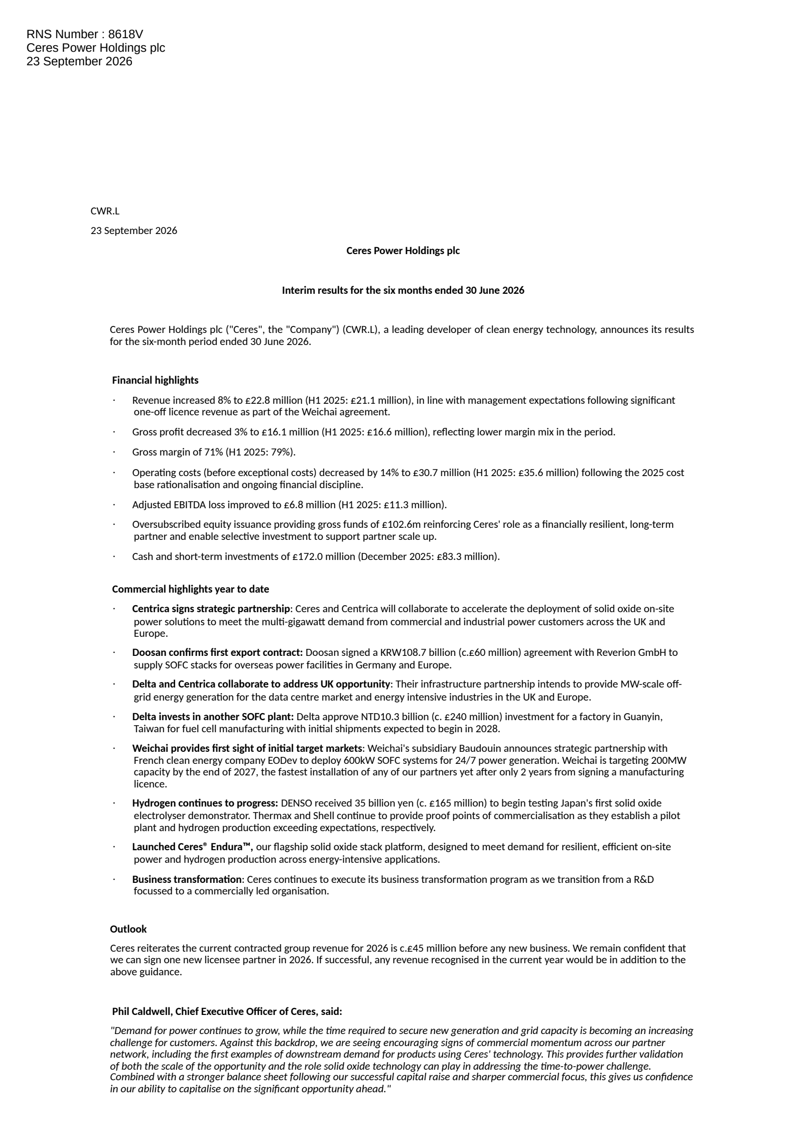 Ceres Power's H1 2026 Interim report