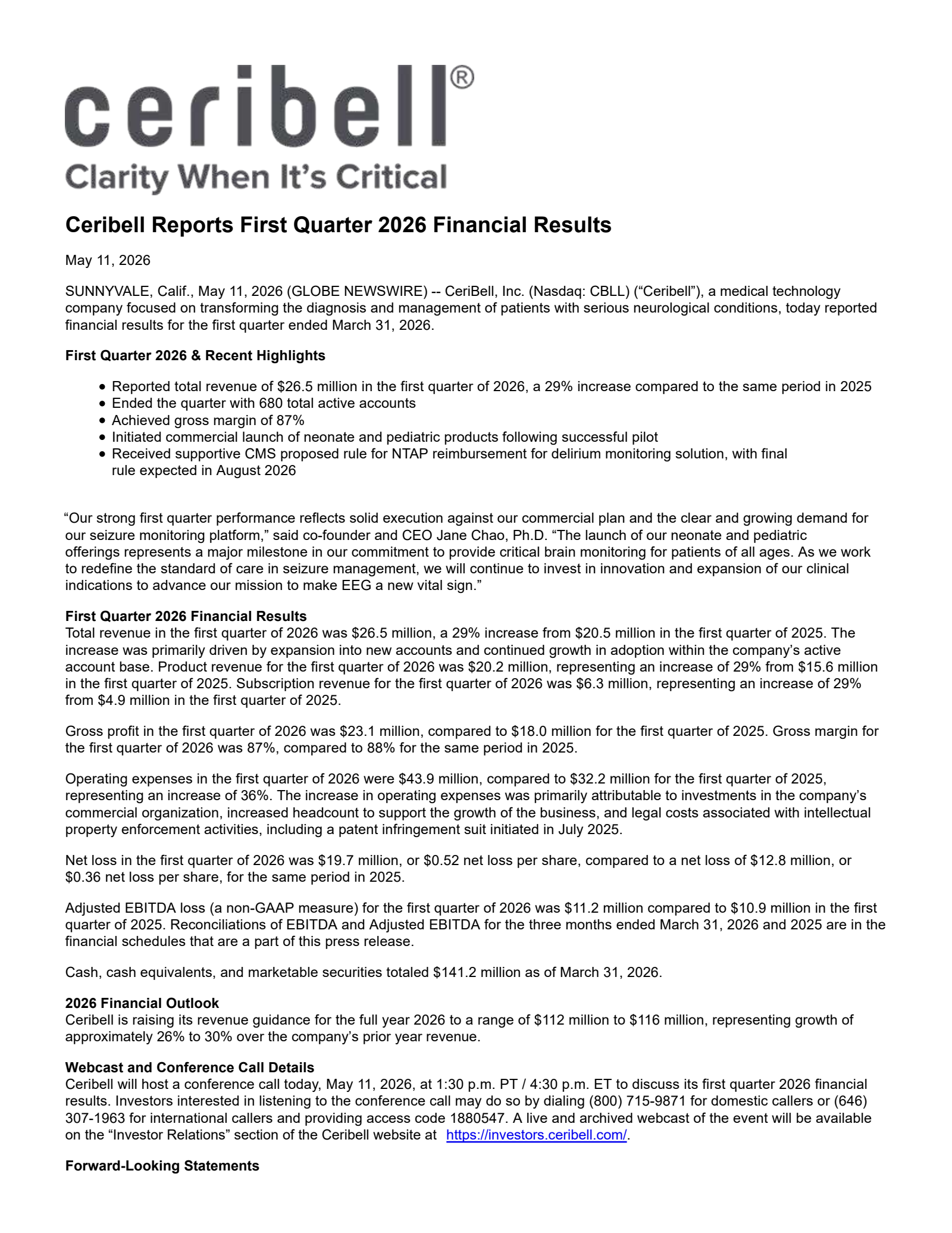 CeriBell's Q1 2026 Press Release