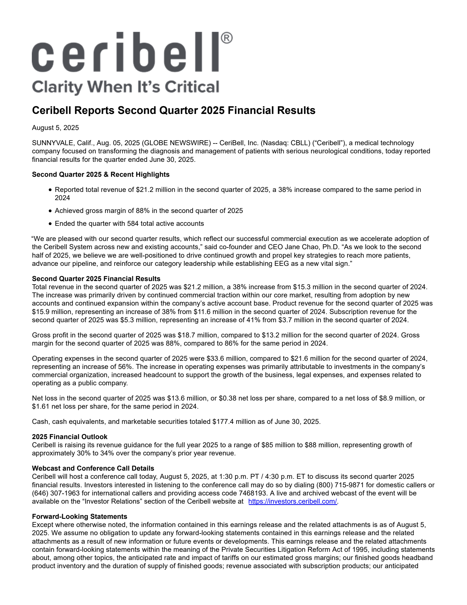 CeriBell's Q2 2025 Press Release