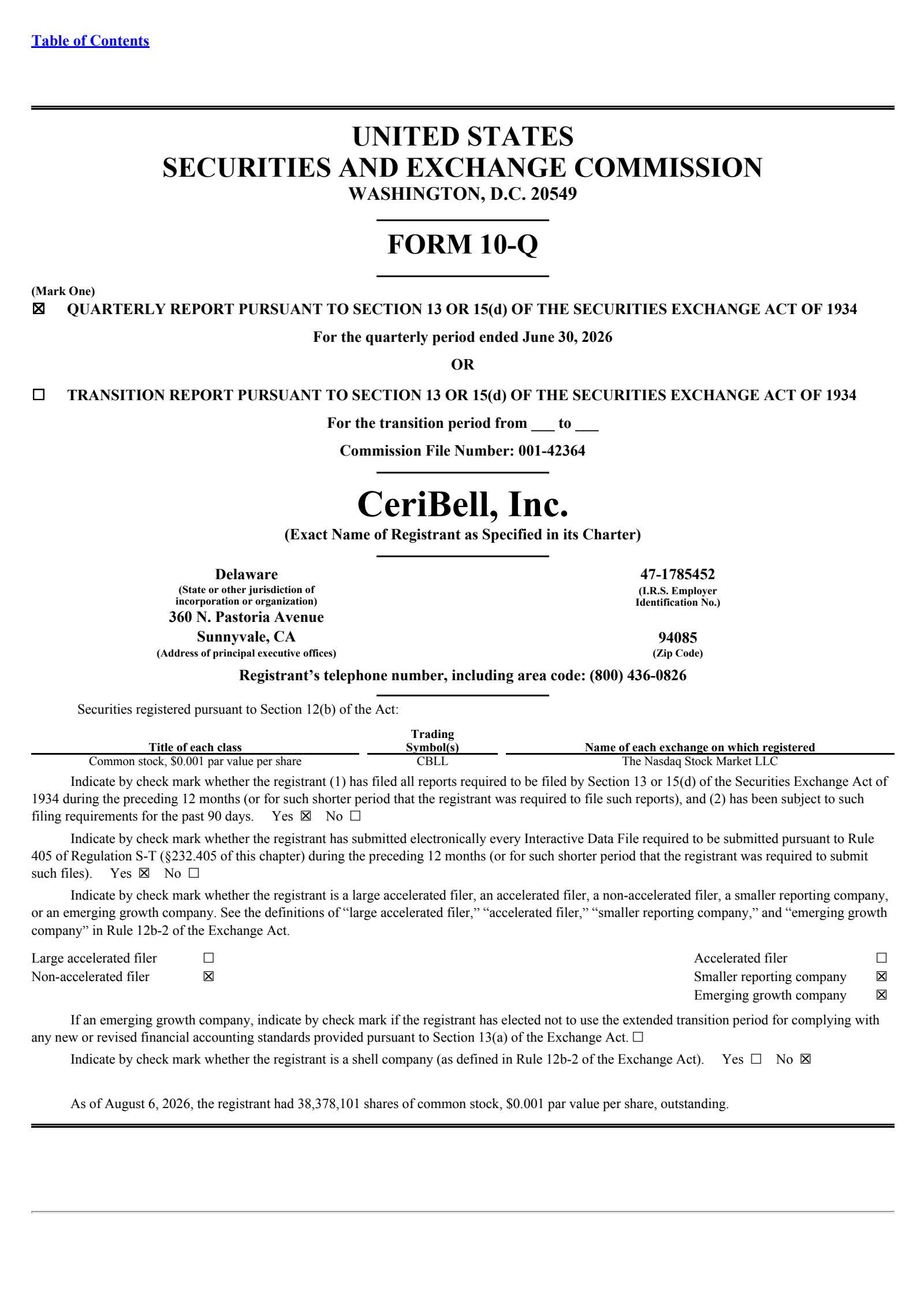 CeriBell's Q2 2026 Quarterly report