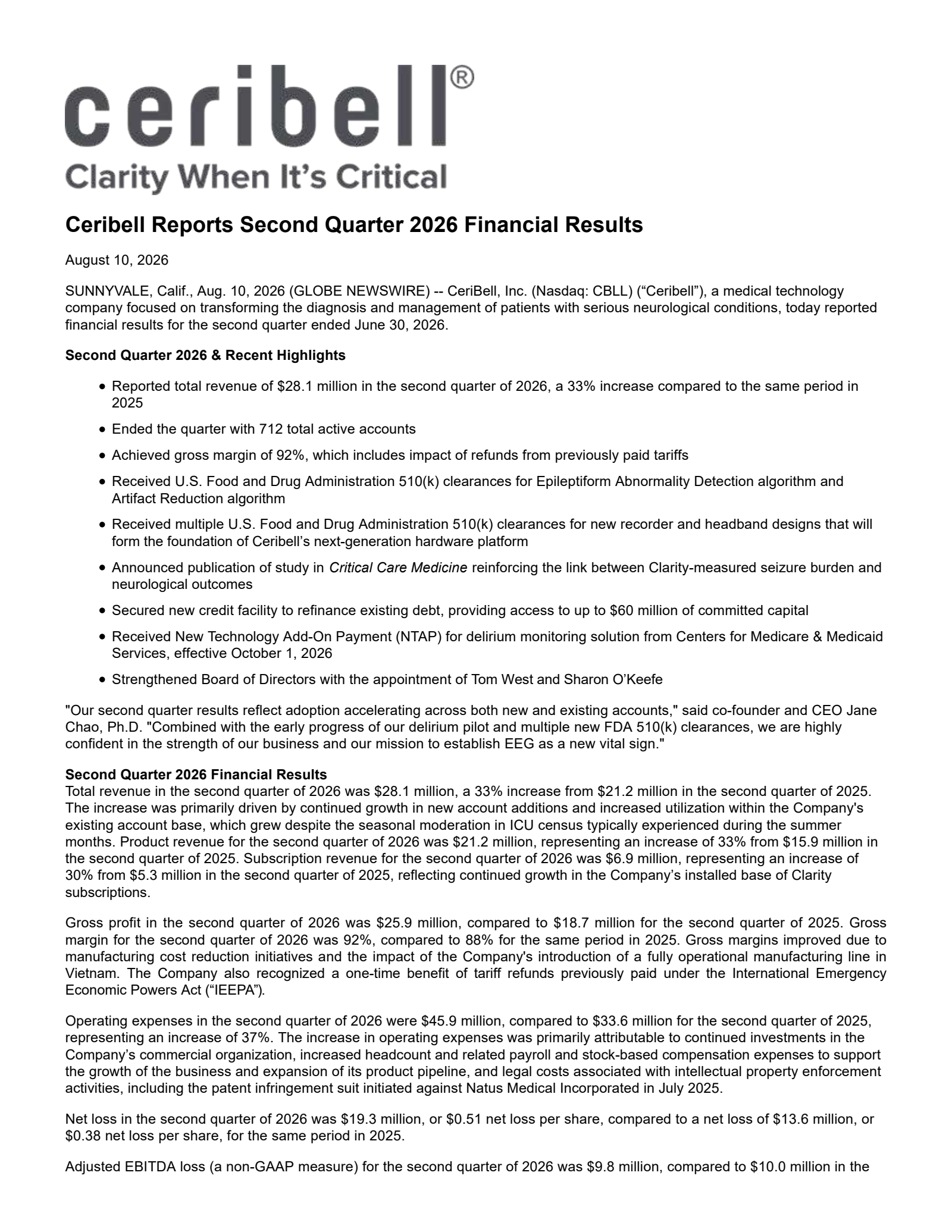 CeriBell's Q2 2026 Press Release