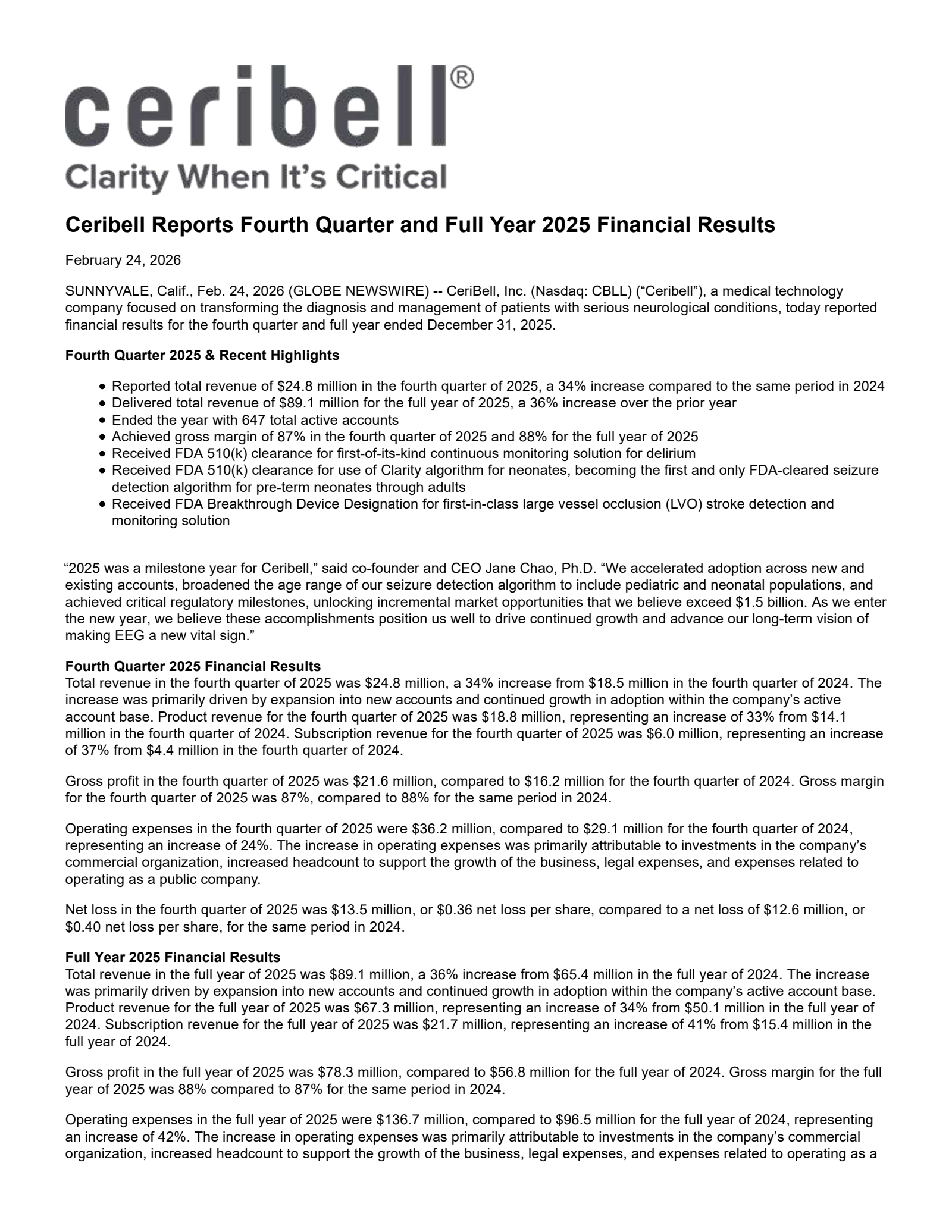 CeriBell's Q4 2025 Press Release