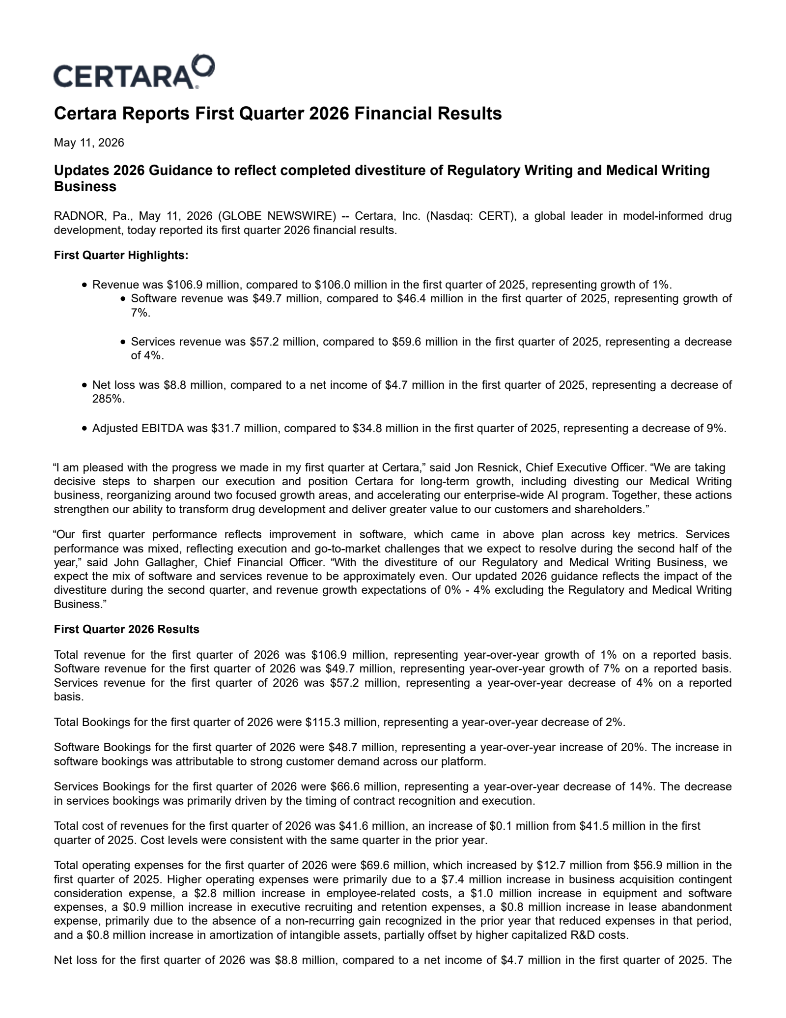 Certara's Q1 2026 Press Release