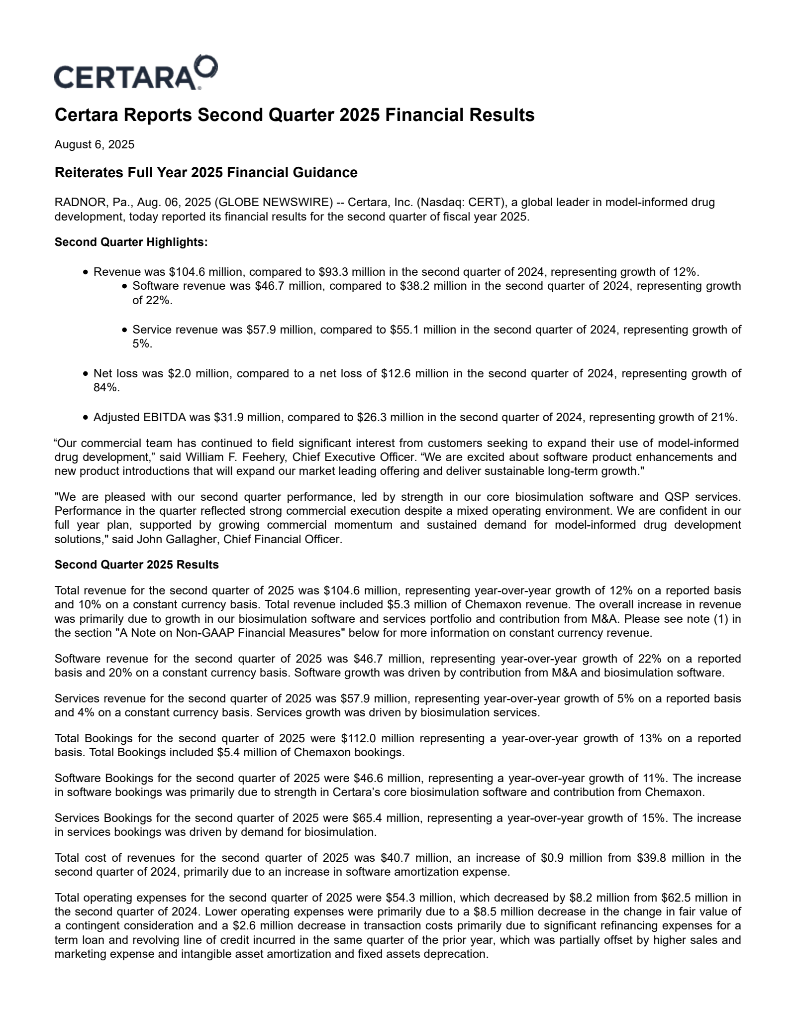 Certara's Q2 2025 Press Release