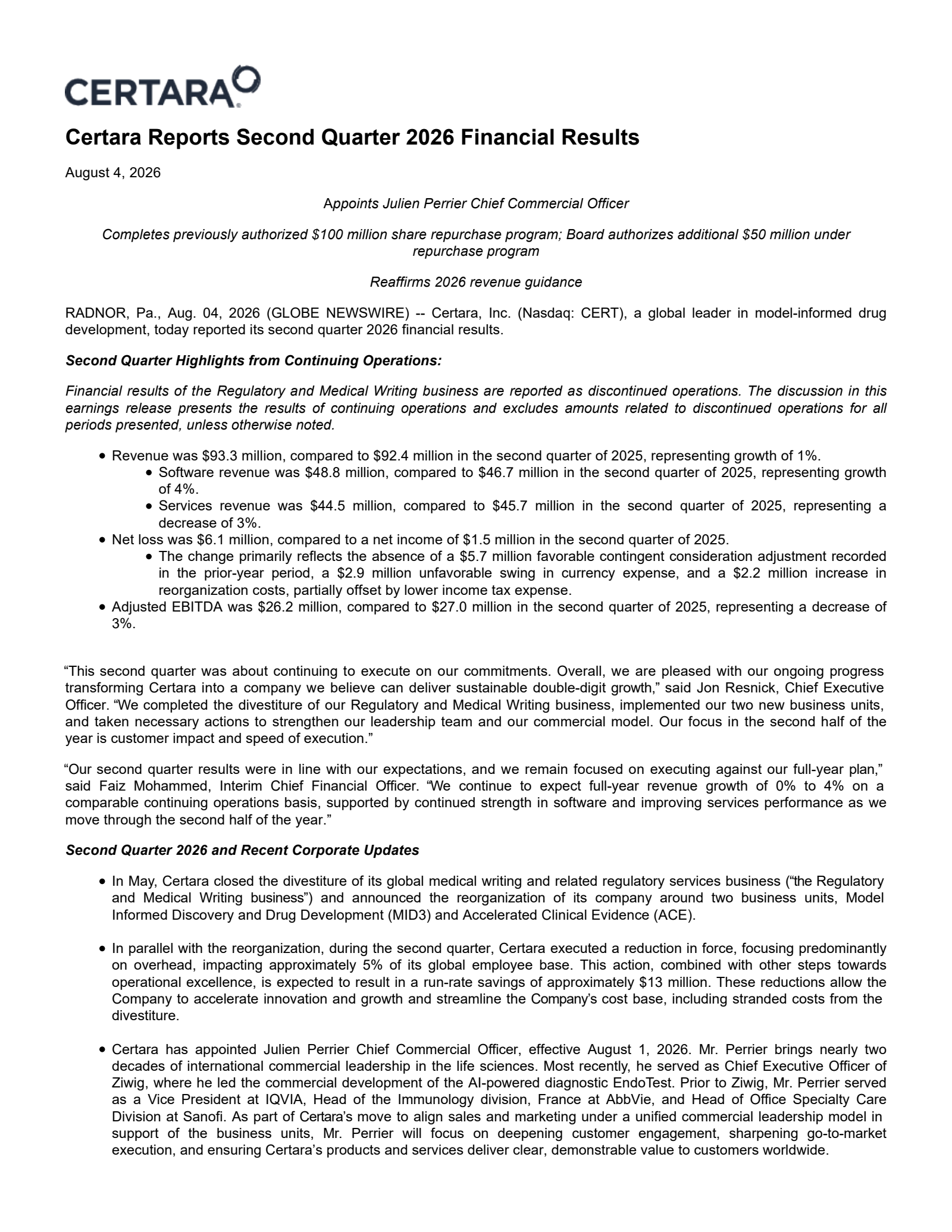 Certara's Q2 2026 Press Release