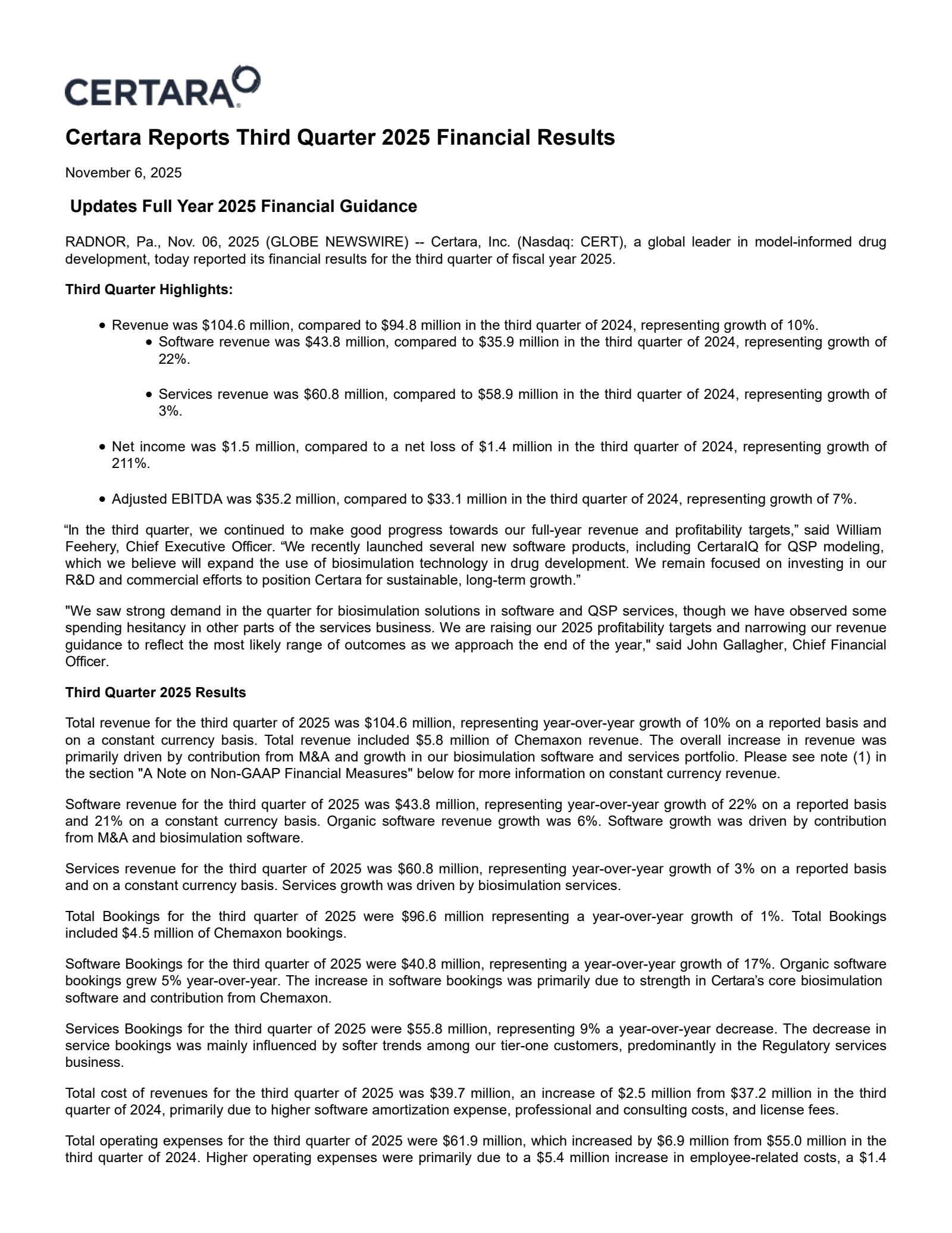 Certara's Q3 2025 Earnings Release