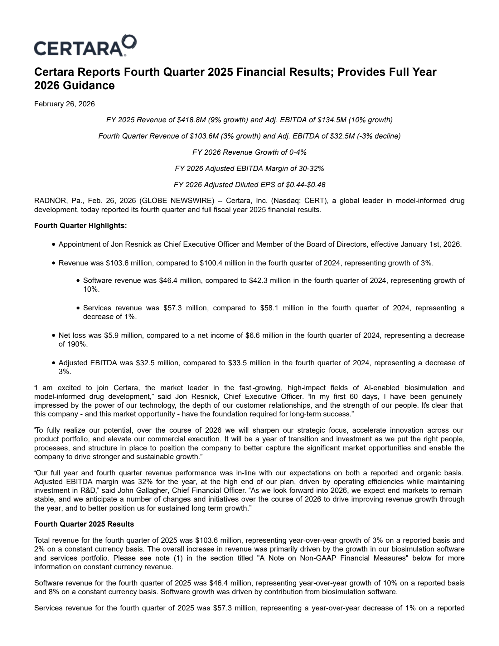 Certara's Q4 2025 Press Release