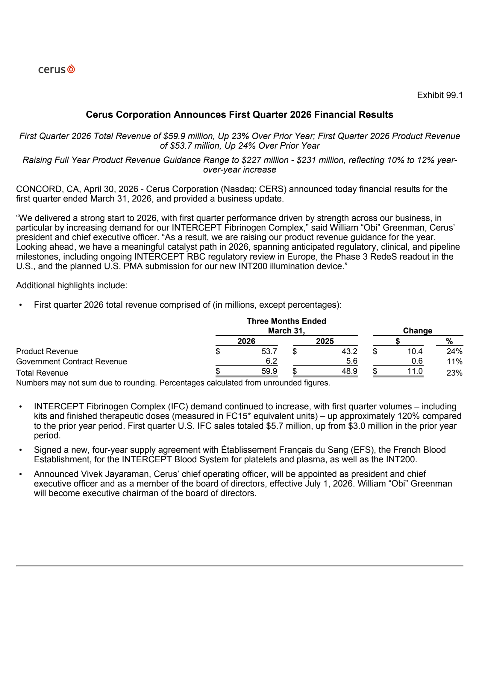 Cerus' Q1 2026 Press Release