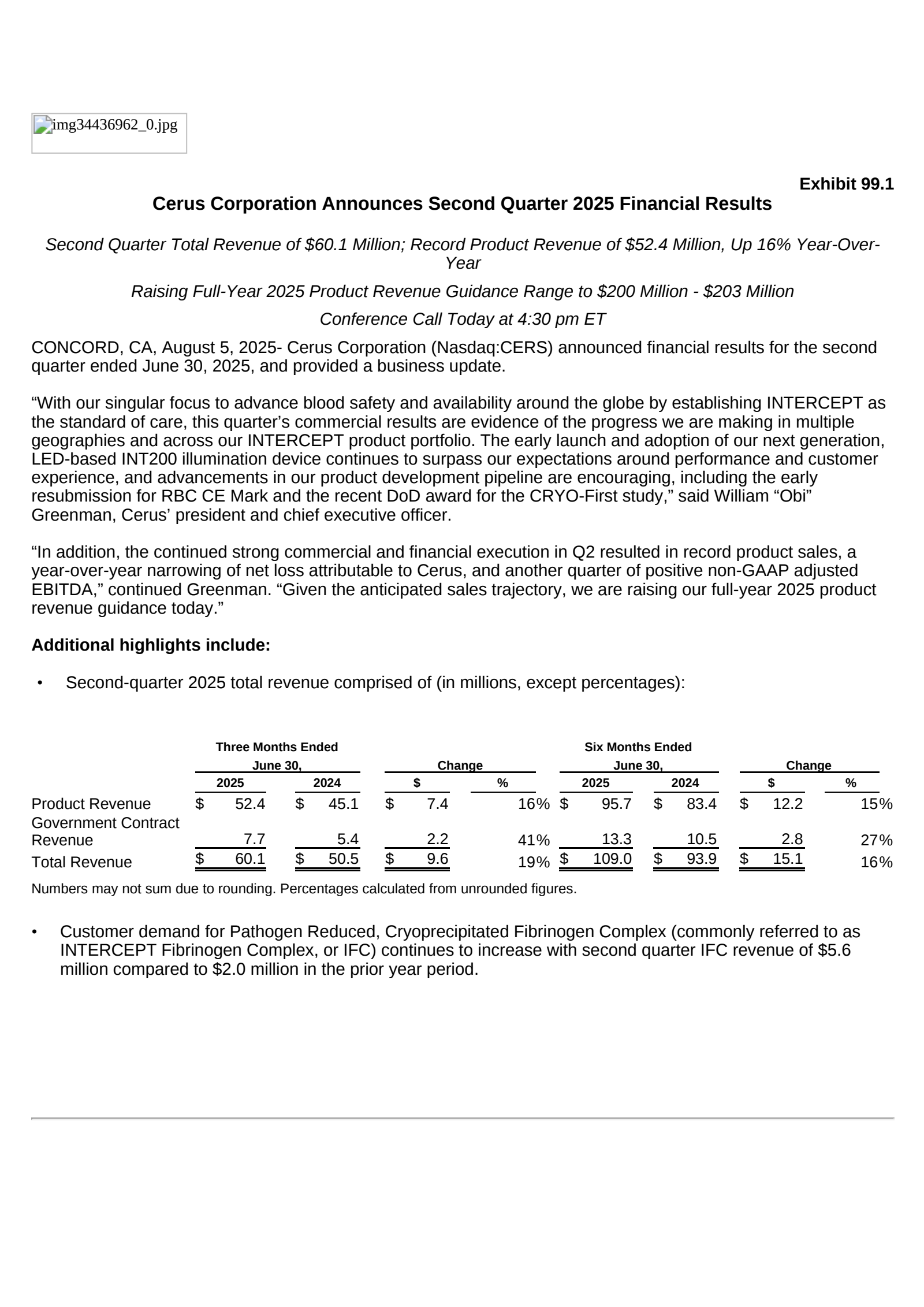 Cerus' Q2 2025 Press Release