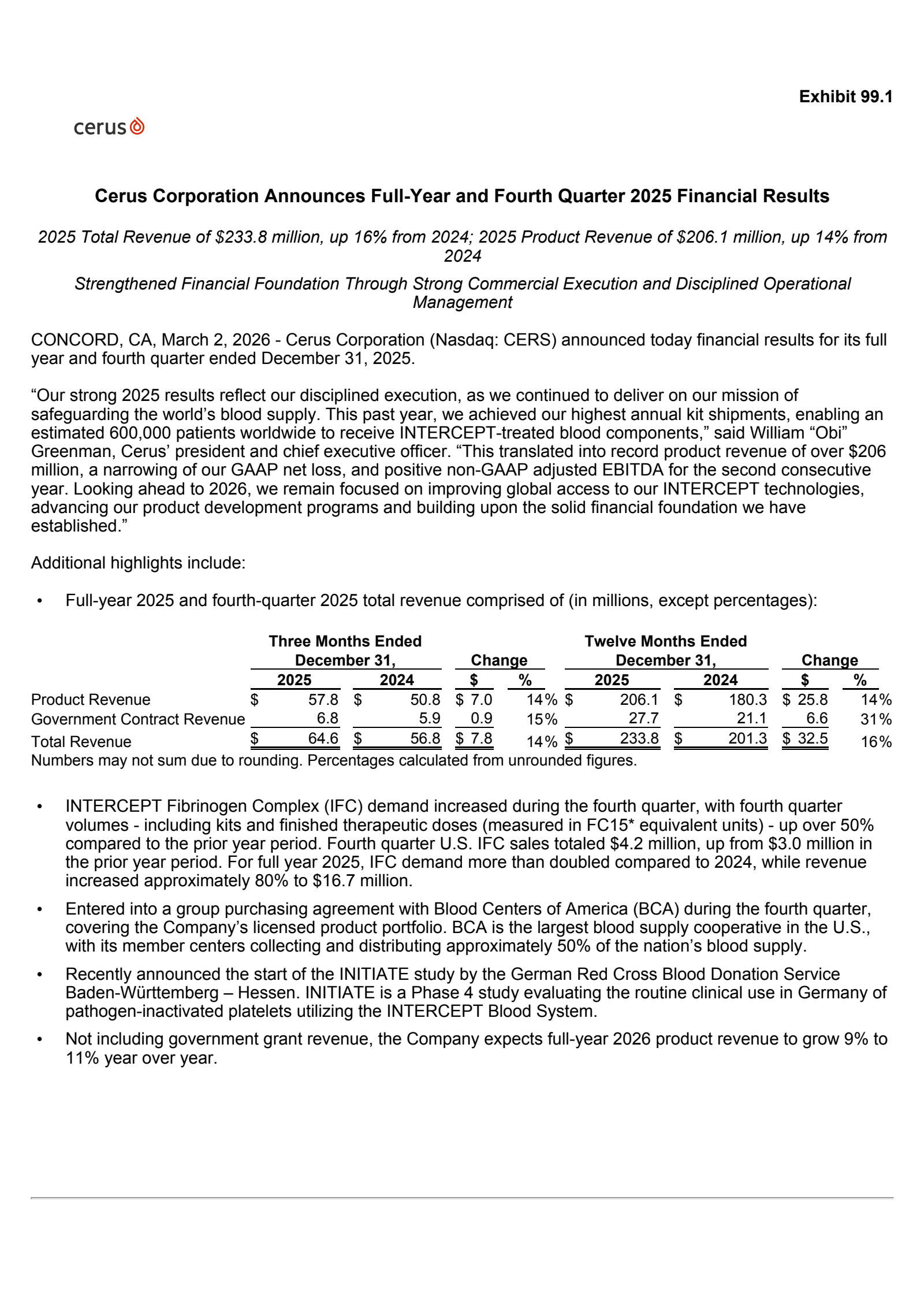 Cerus' Q4 2025 Press Release
