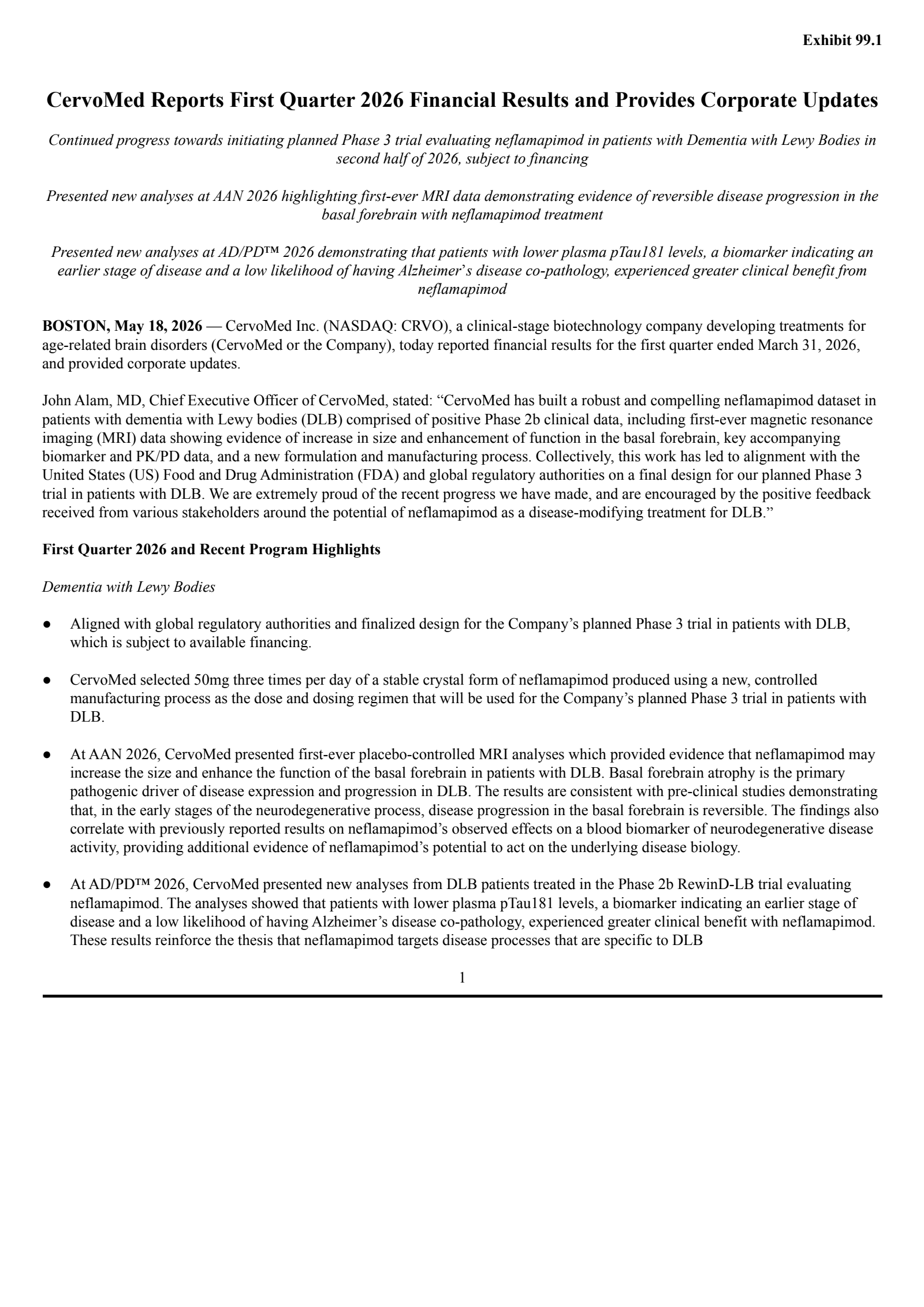 CervoMed's Q1 2026 Press Release