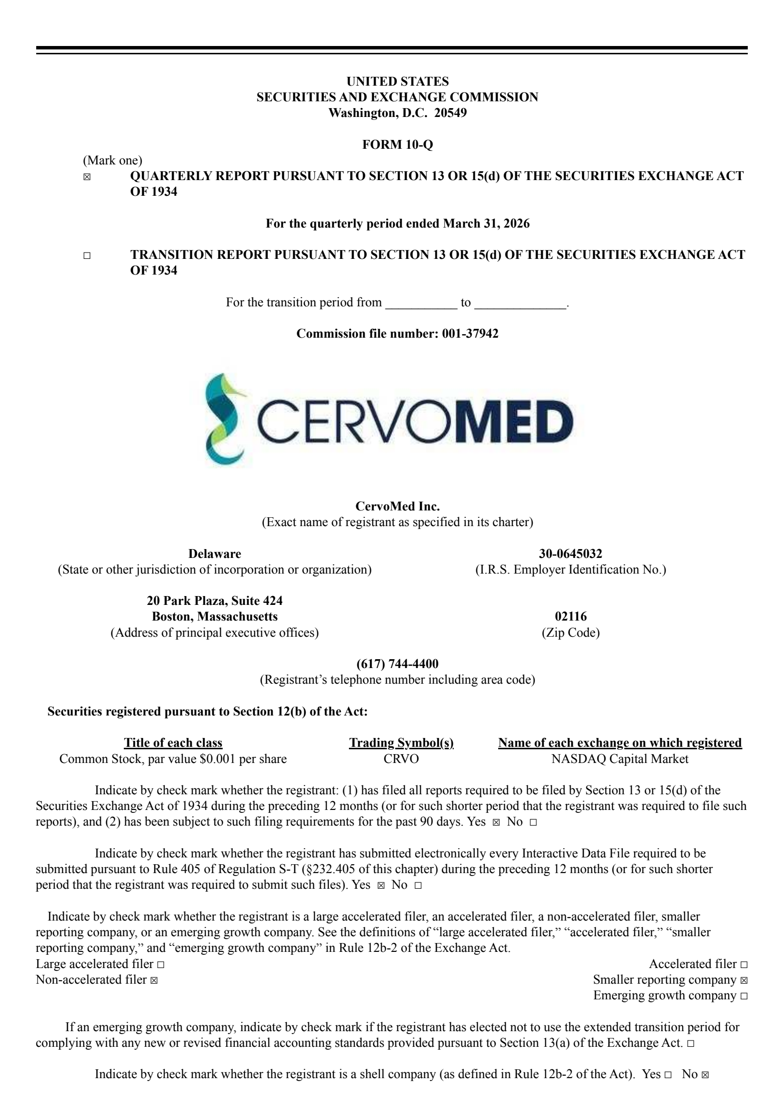 CervoMed's Q1 2026 Quarterly report