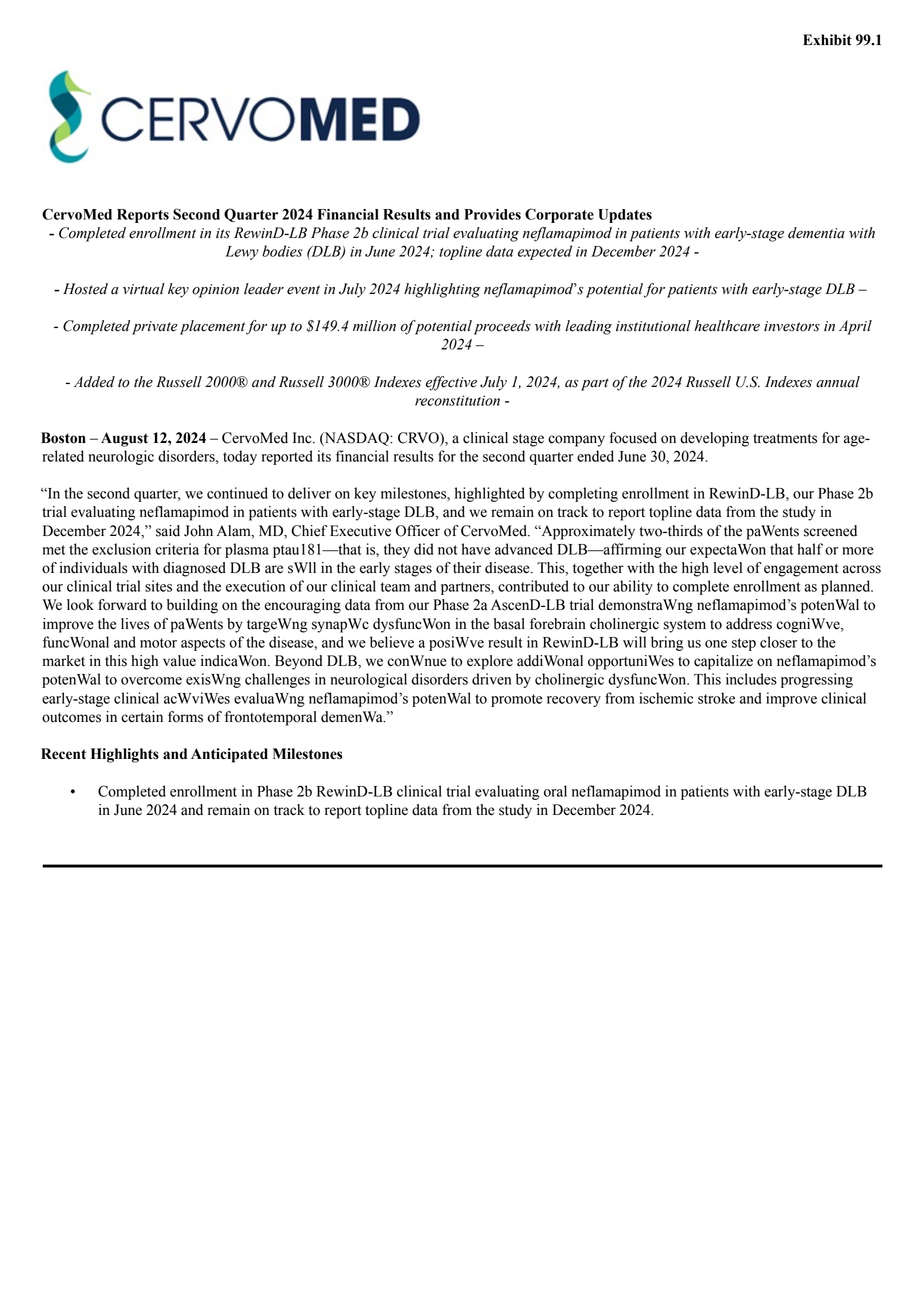 CervoMed's Q2 2024 Press Release