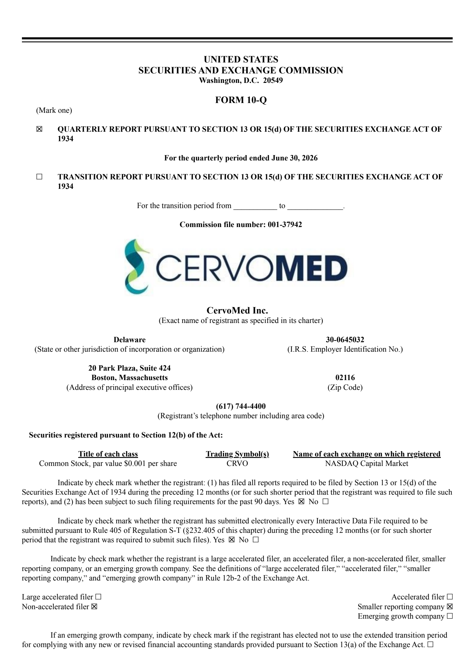 CervoMed's Q2 2026 Quarterly report