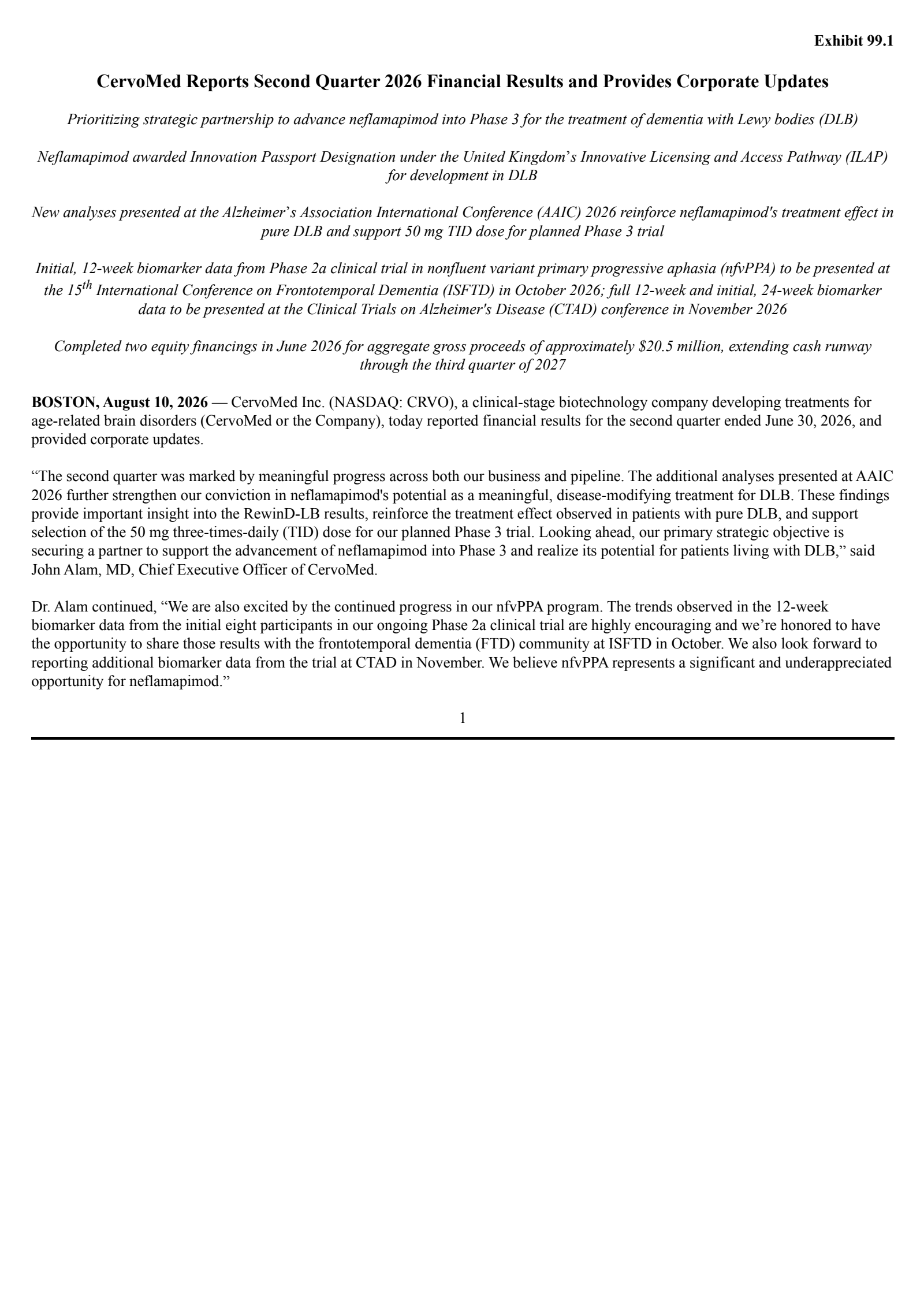 CervoMed's Q2 2026 Press Release