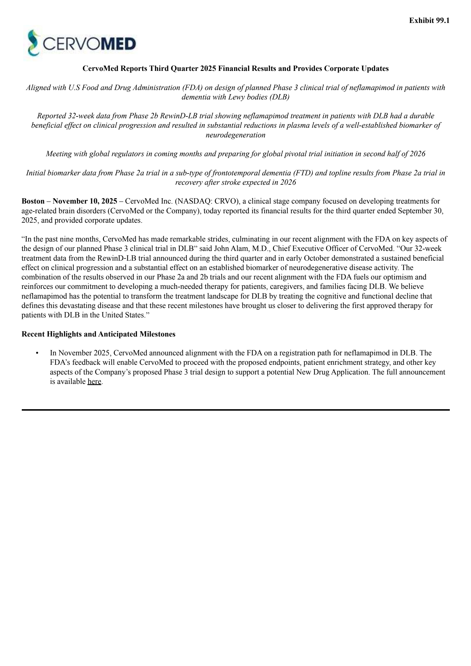 CervoMed's Q3 2025 Earnings Release