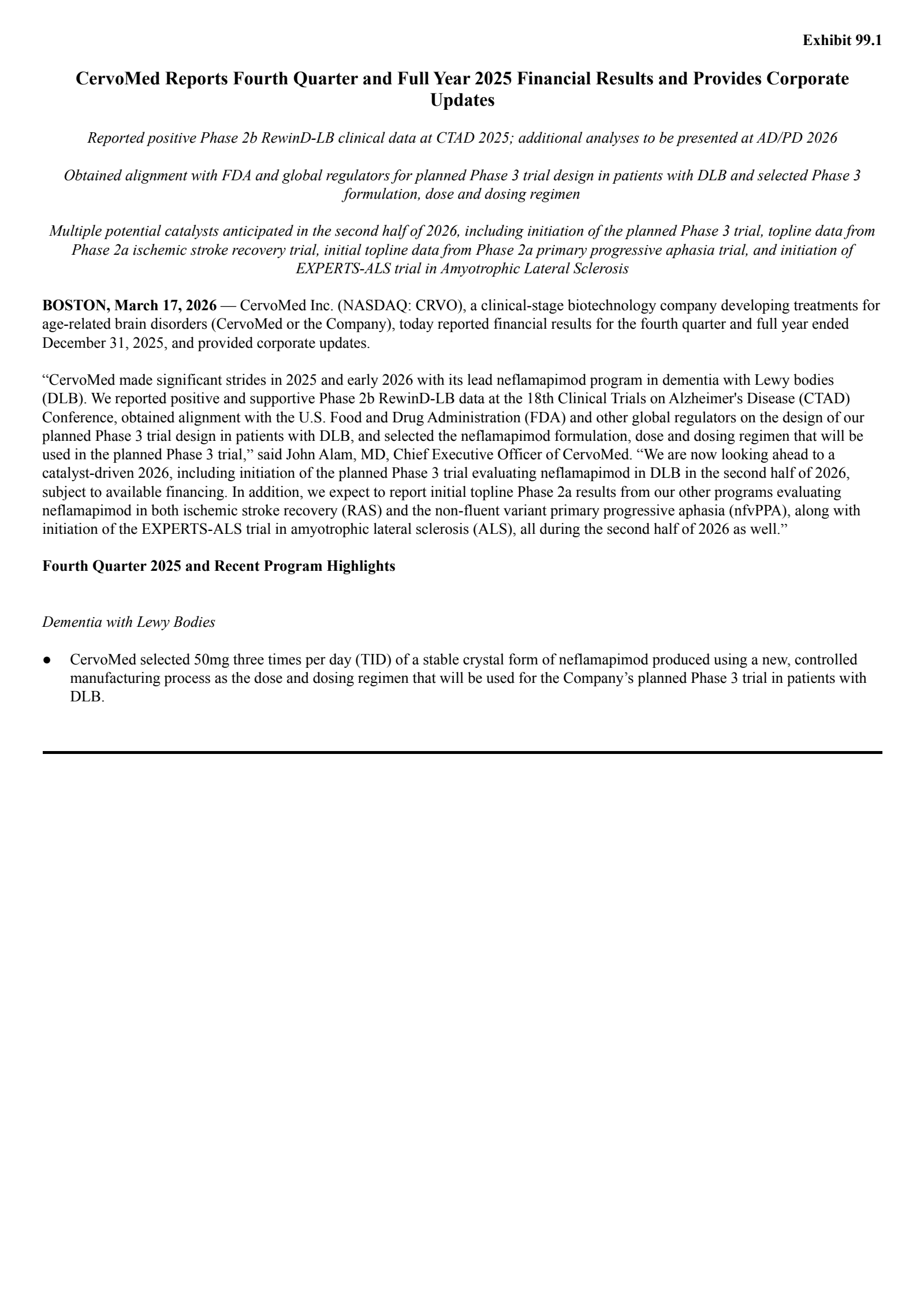 CervoMed's Q4 2025 Press Release