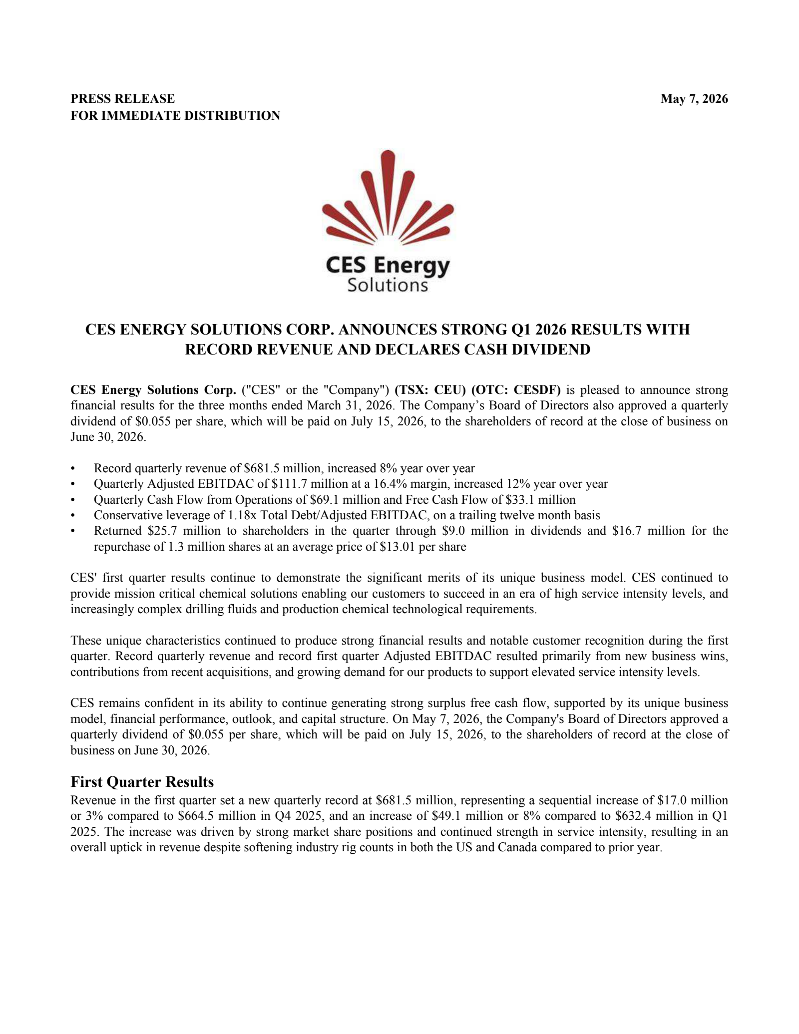 CES Energy Solutions' Q1 2026 Press Release
