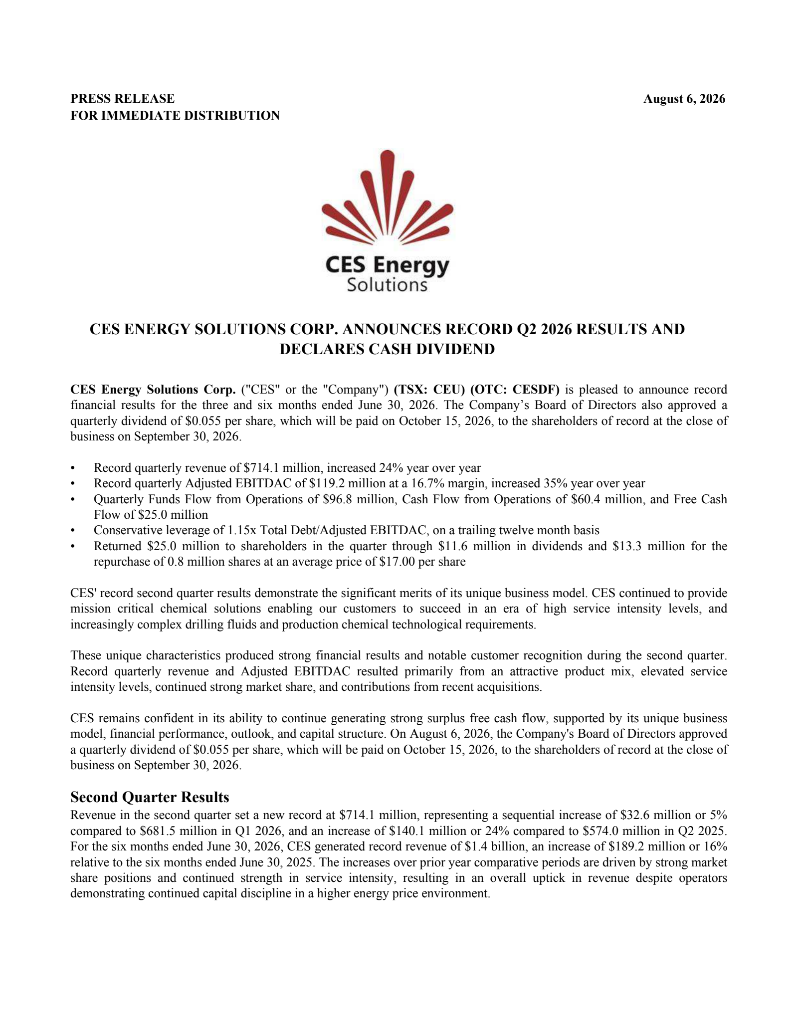 CES Energy Solutions' Q2 2026 Press Release