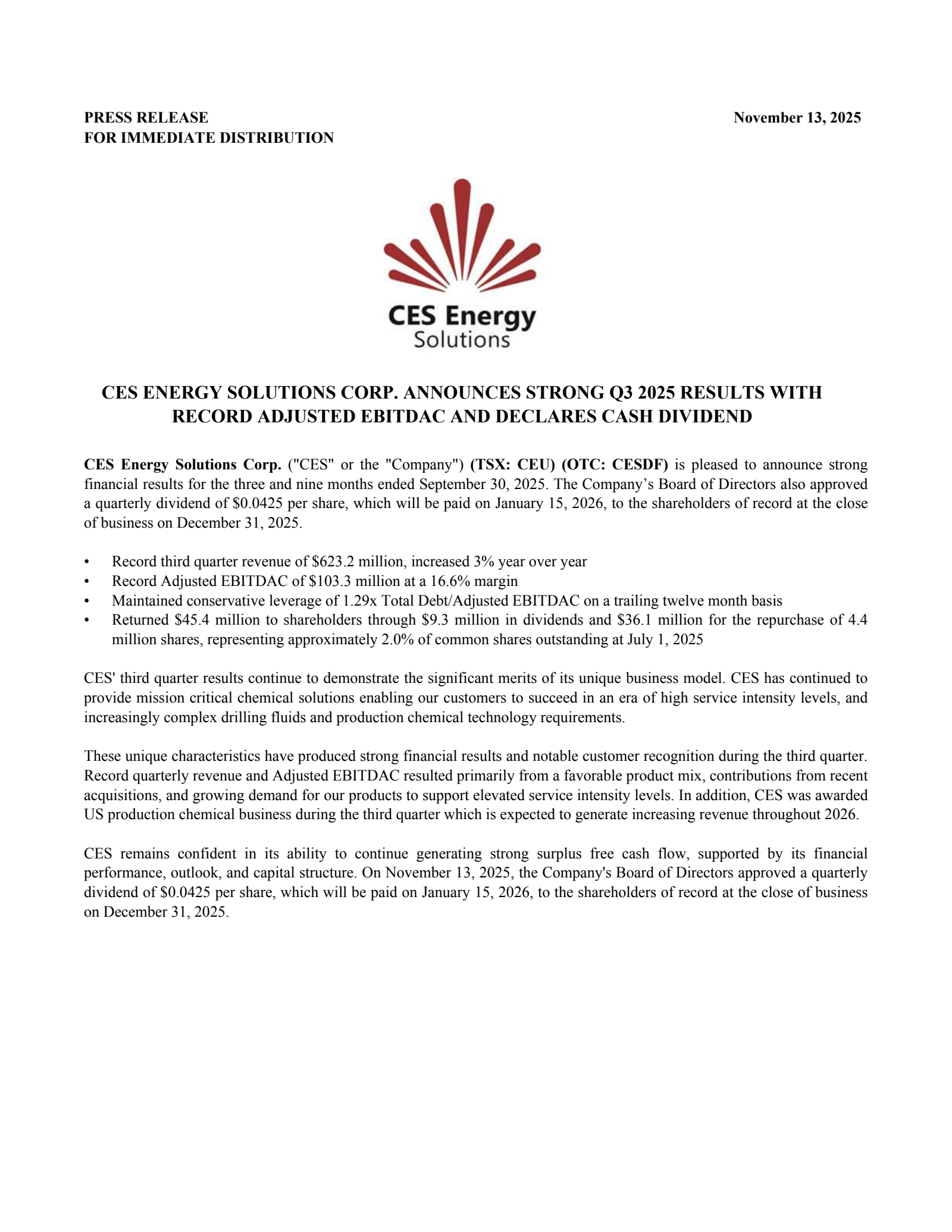 CES Energy Solutions' Q3 2025 Earnings Release