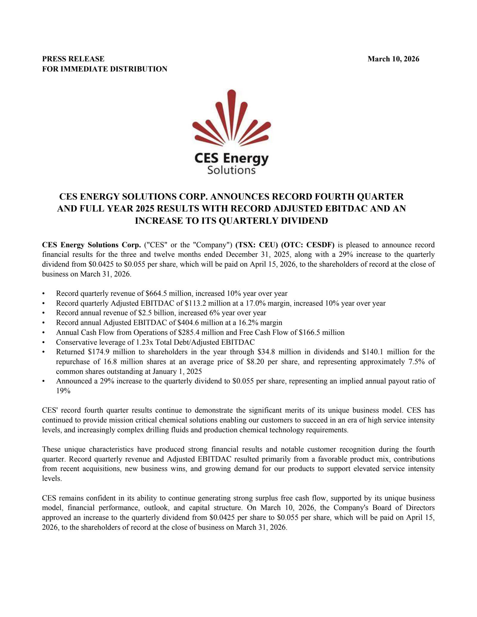 CES Energy Solutions' Q4 2025 Press Release