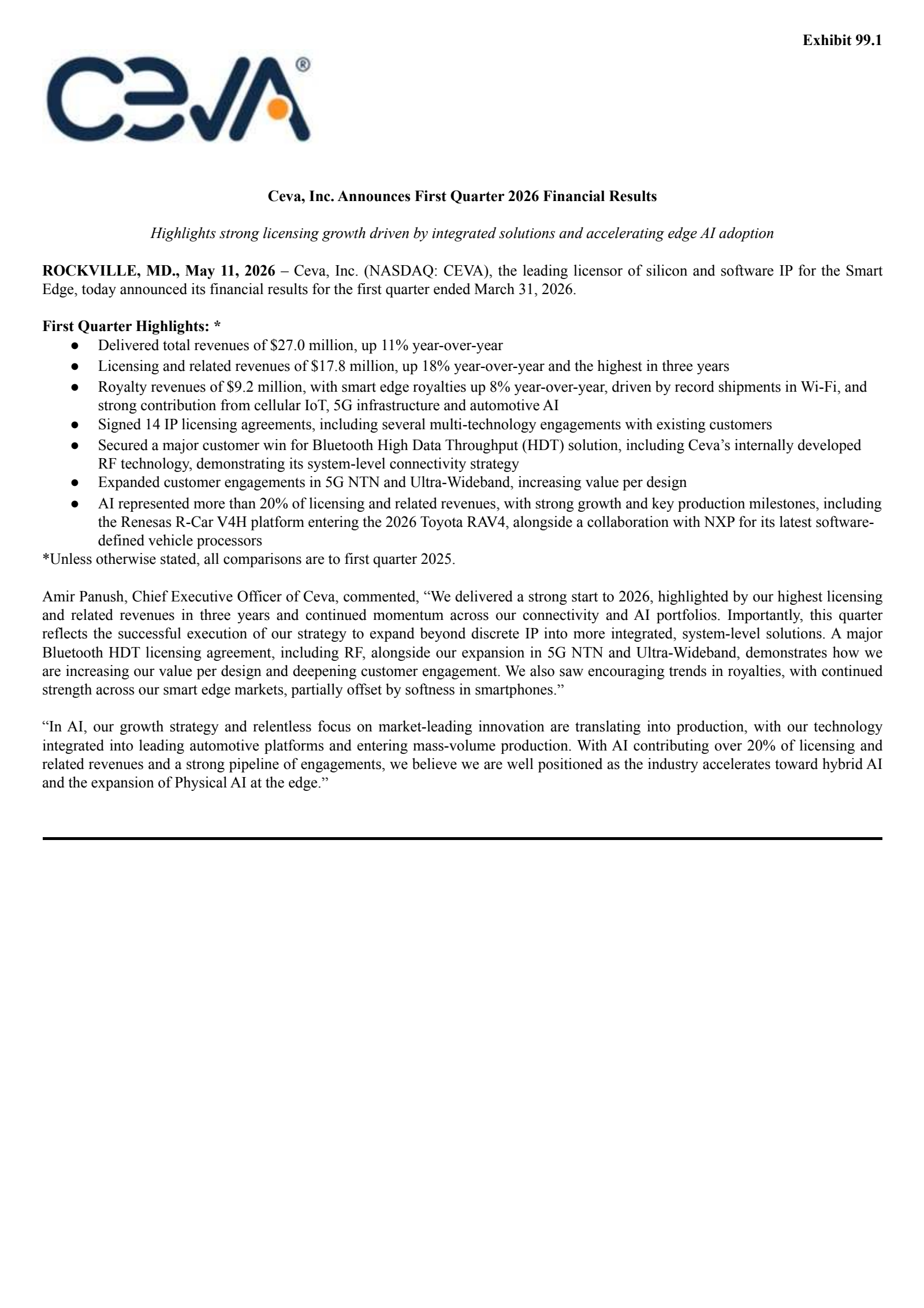 Ceva's Q1 2026 Press Release