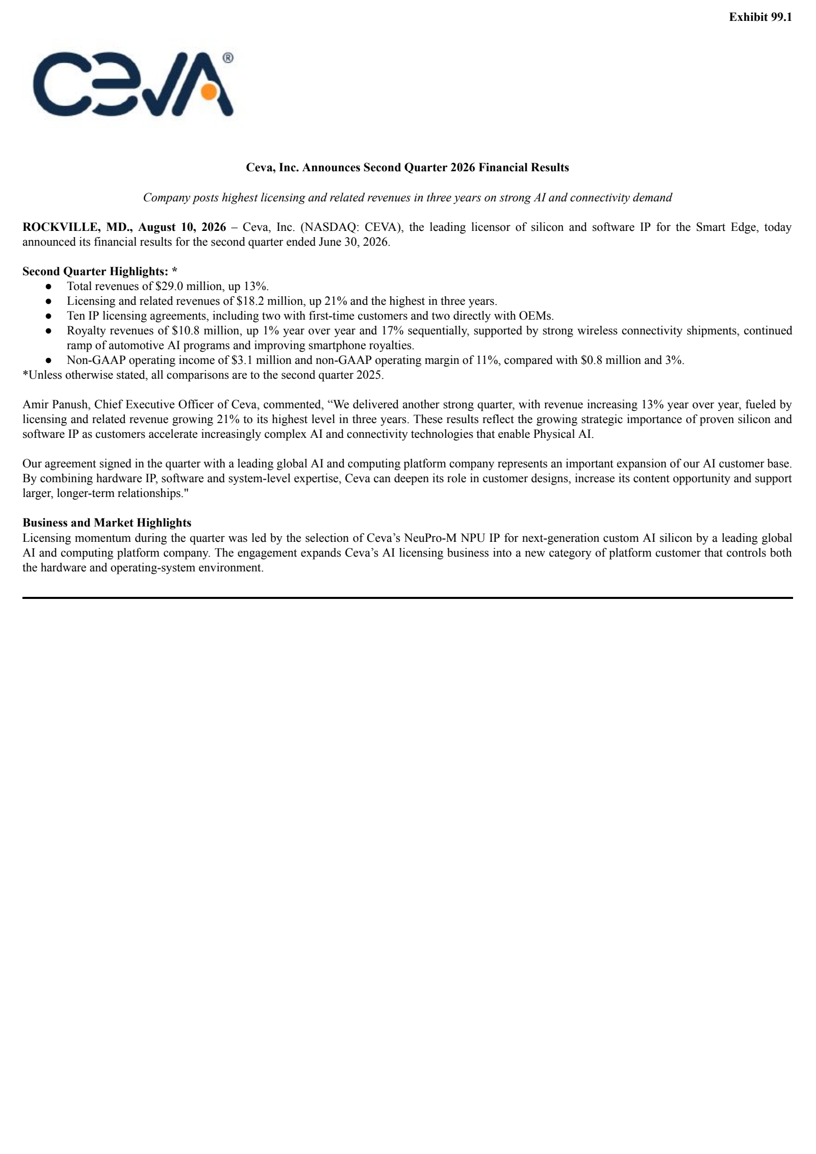Ceva's Q2 2026 Press Release