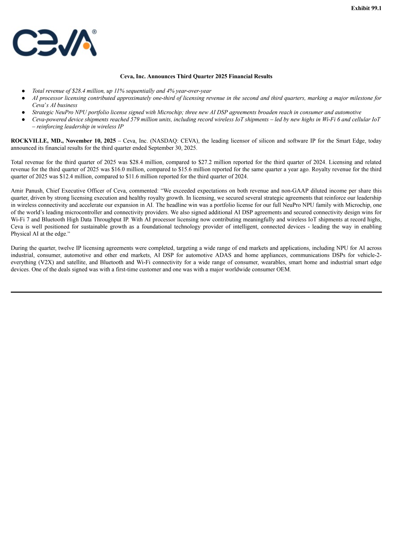 Ceva's Q3 2025 Earnings Release