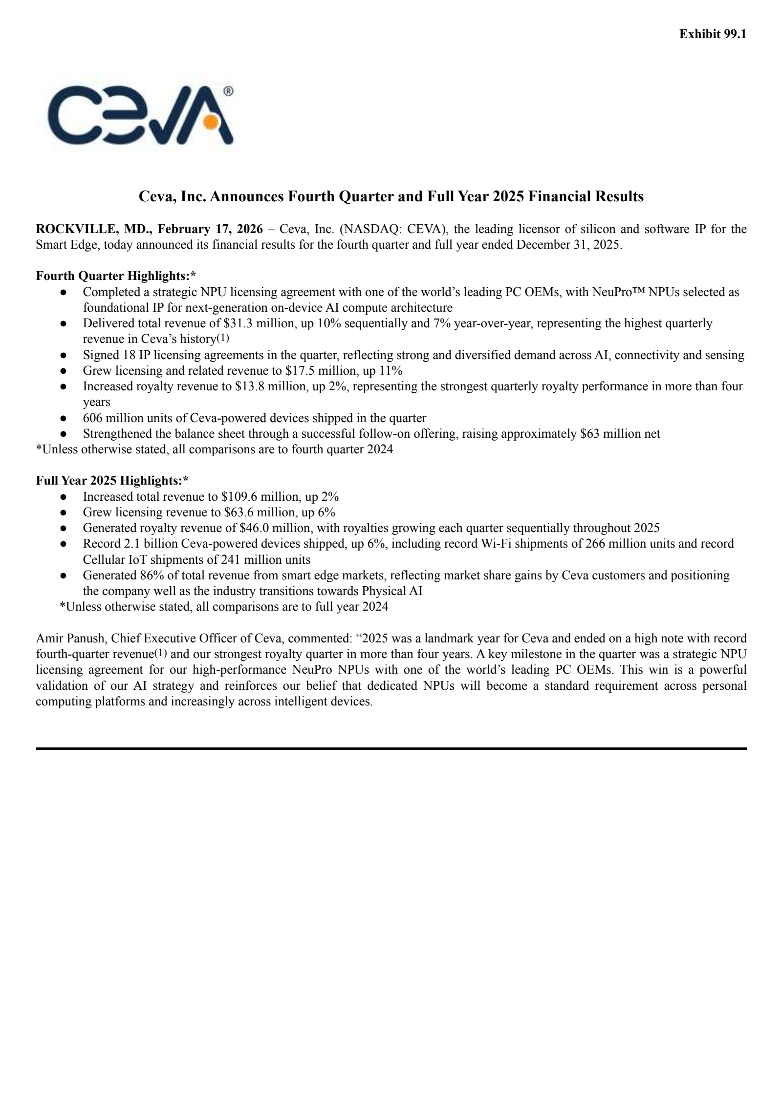 Ceva's Q4 2025 Press Release