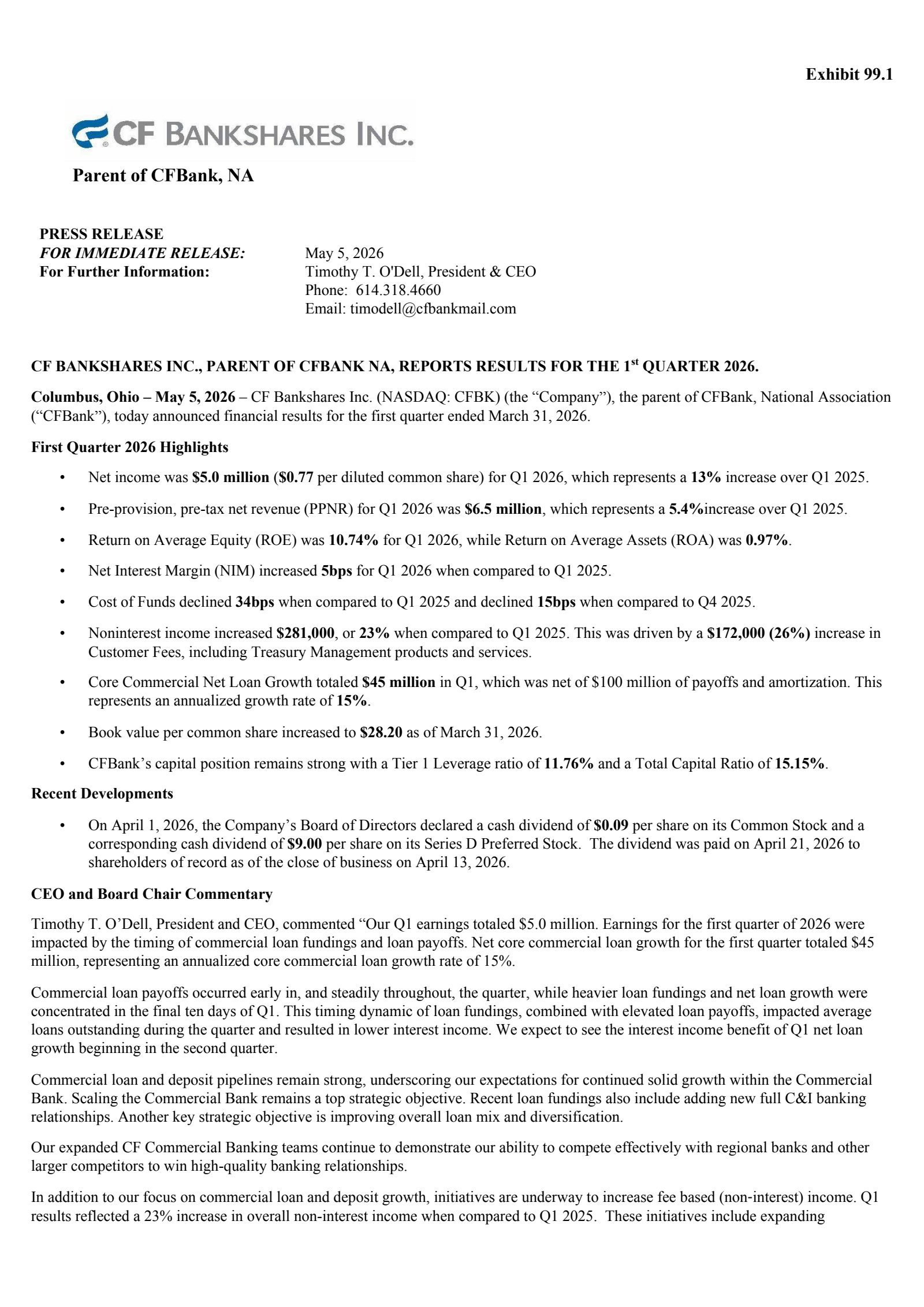 CF Bankshares' Q1 2026 Press Release