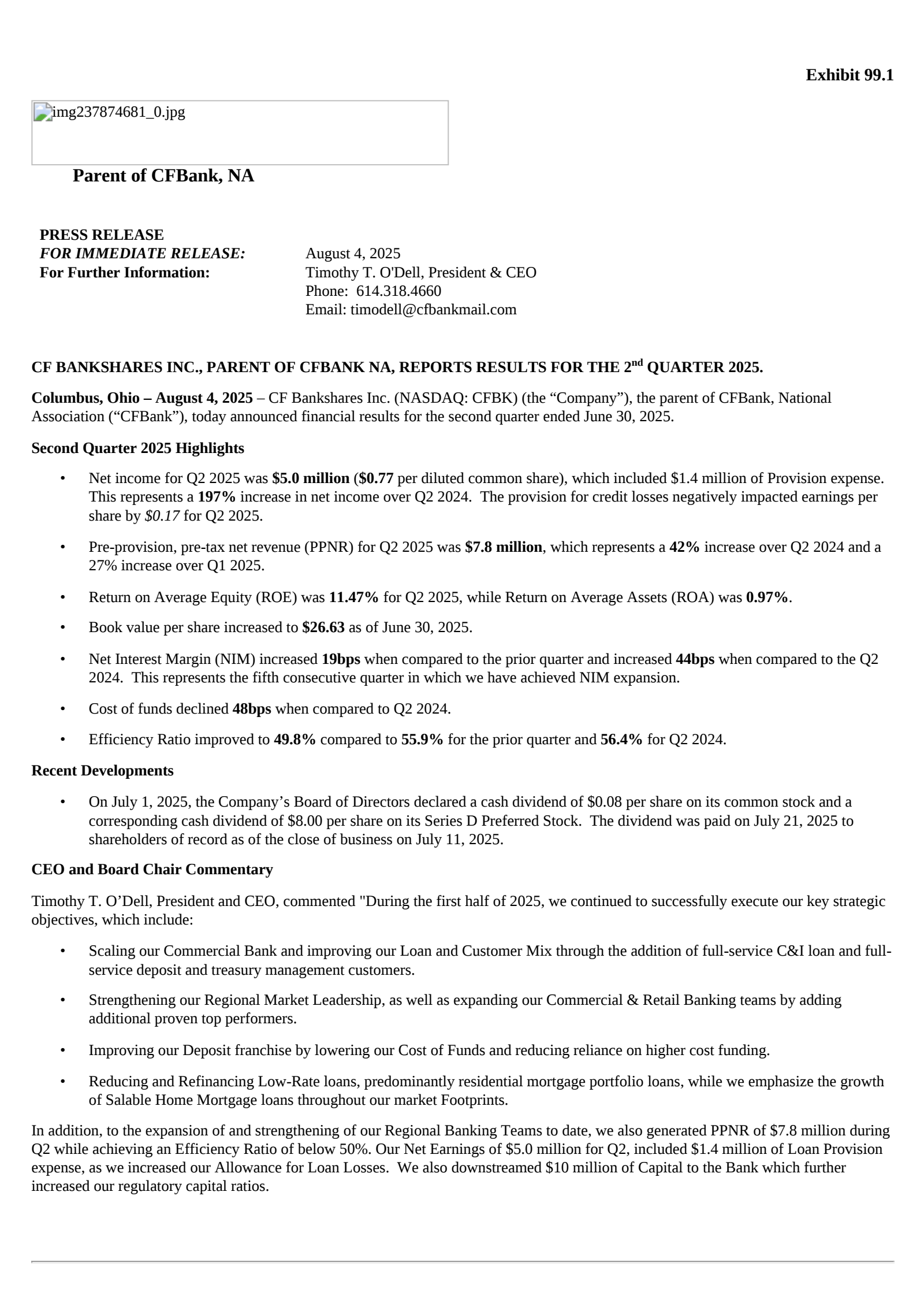 CF Bankshares' Q2 2025 Press Release