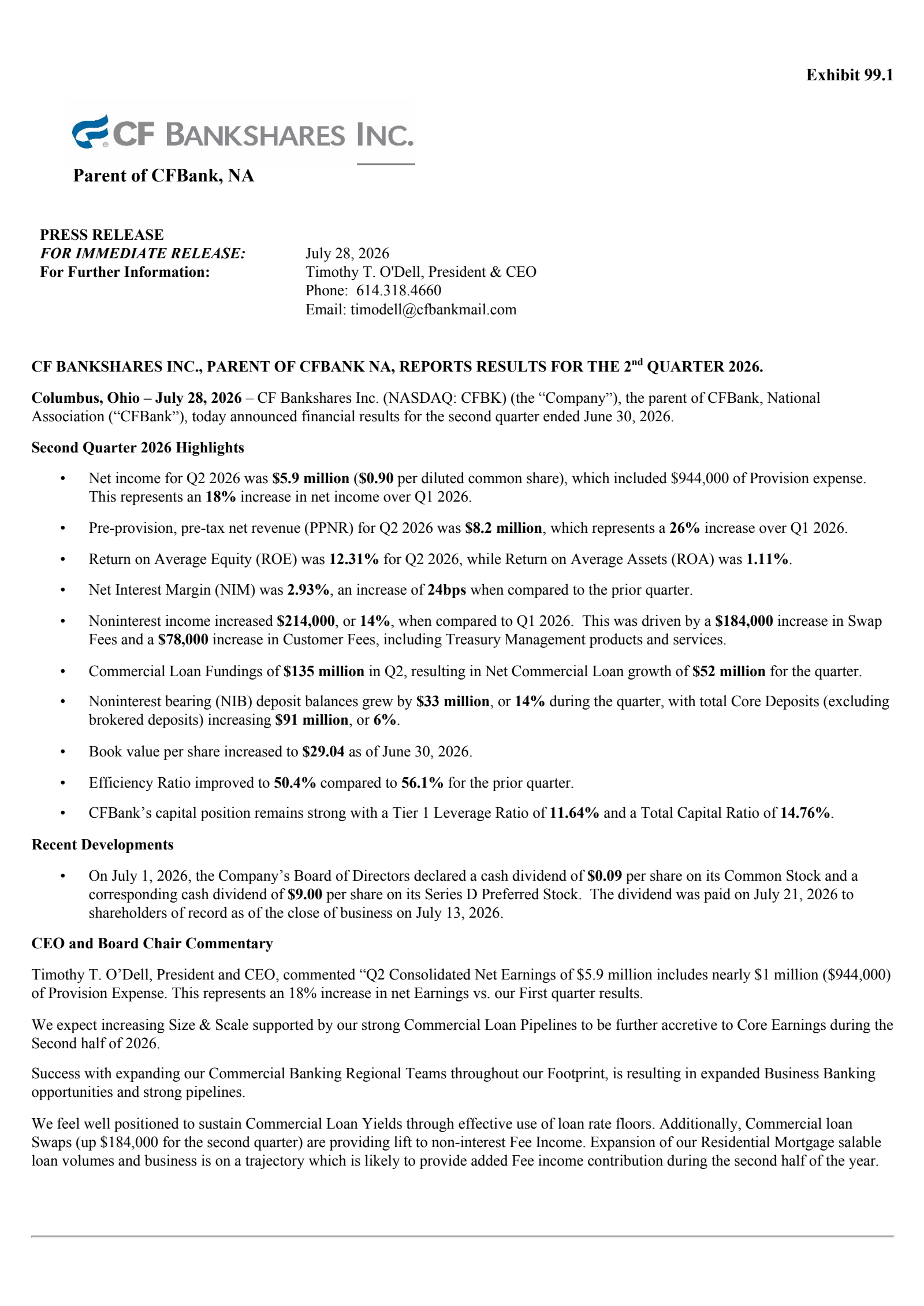 CF Bankshares' Q2 2026 Press Release