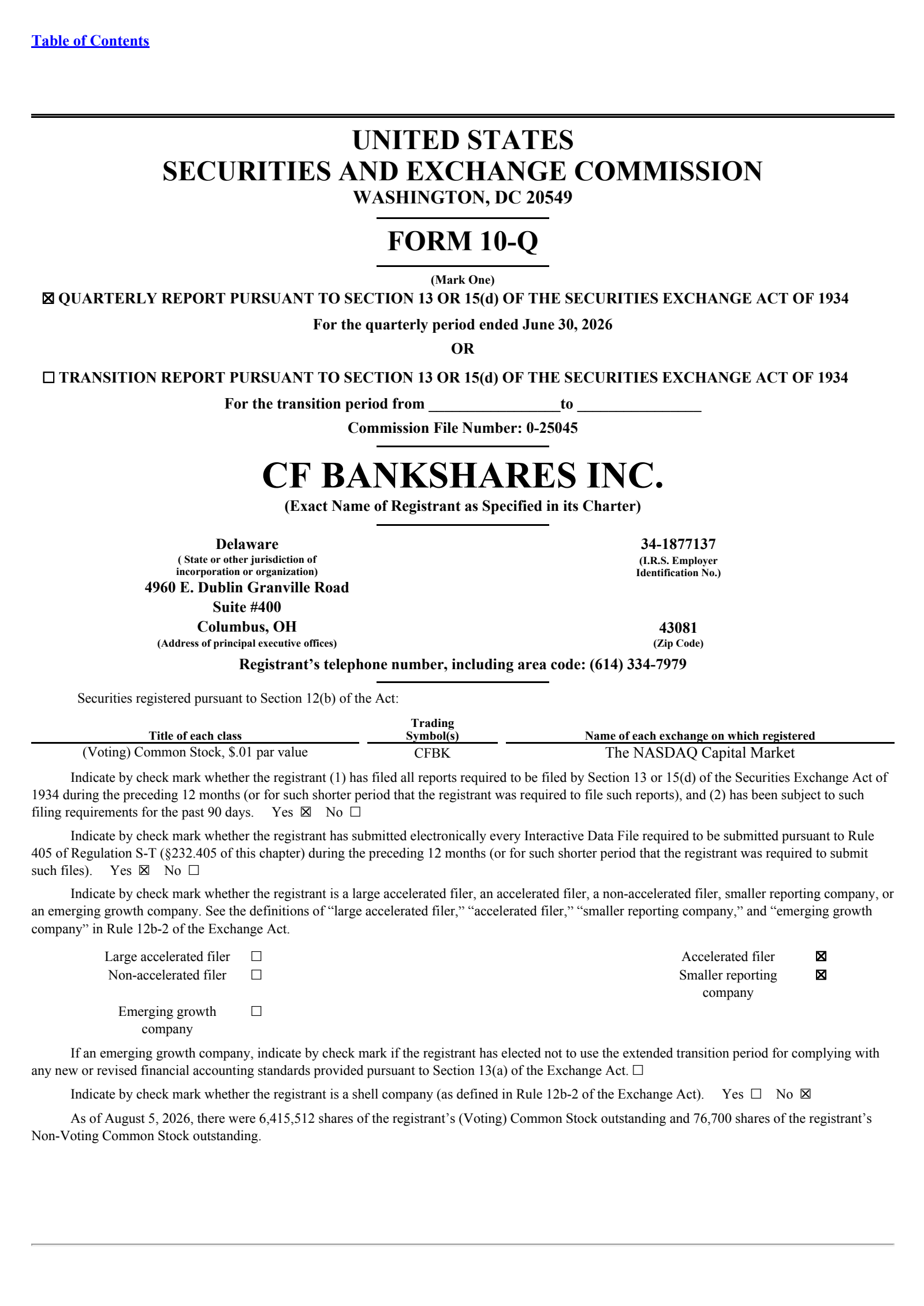 CF Bankshares' Q2 2026 Quarterly report