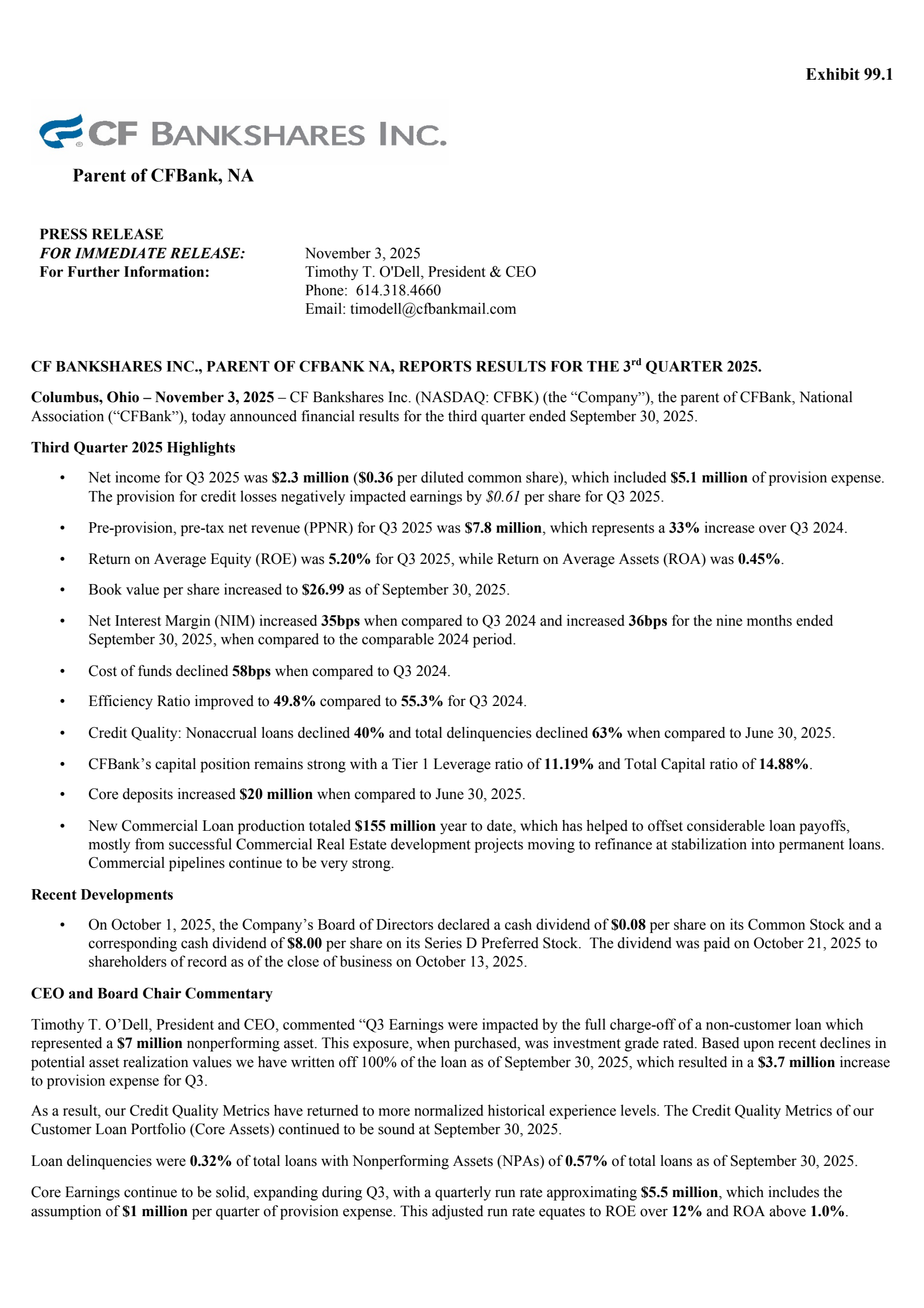 CF Bankshares' Q3 2025 Earnings Release
