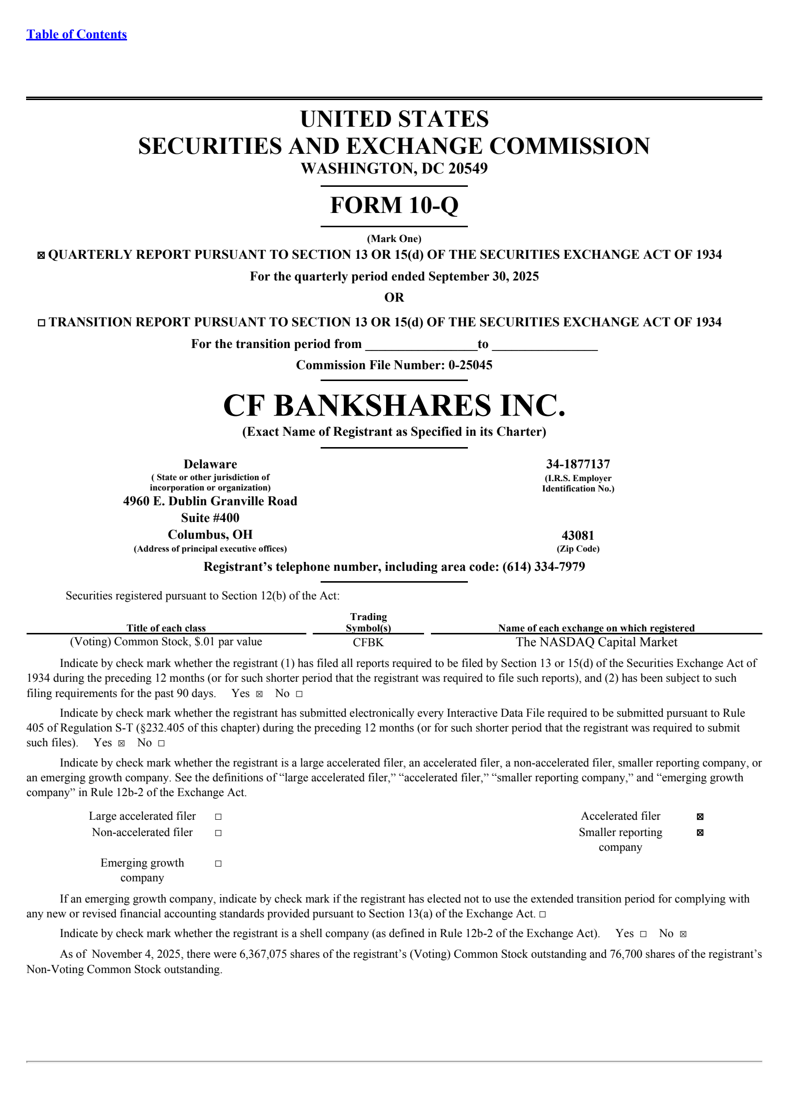 CF Bankshares' Q3 2025 Quarterly Report