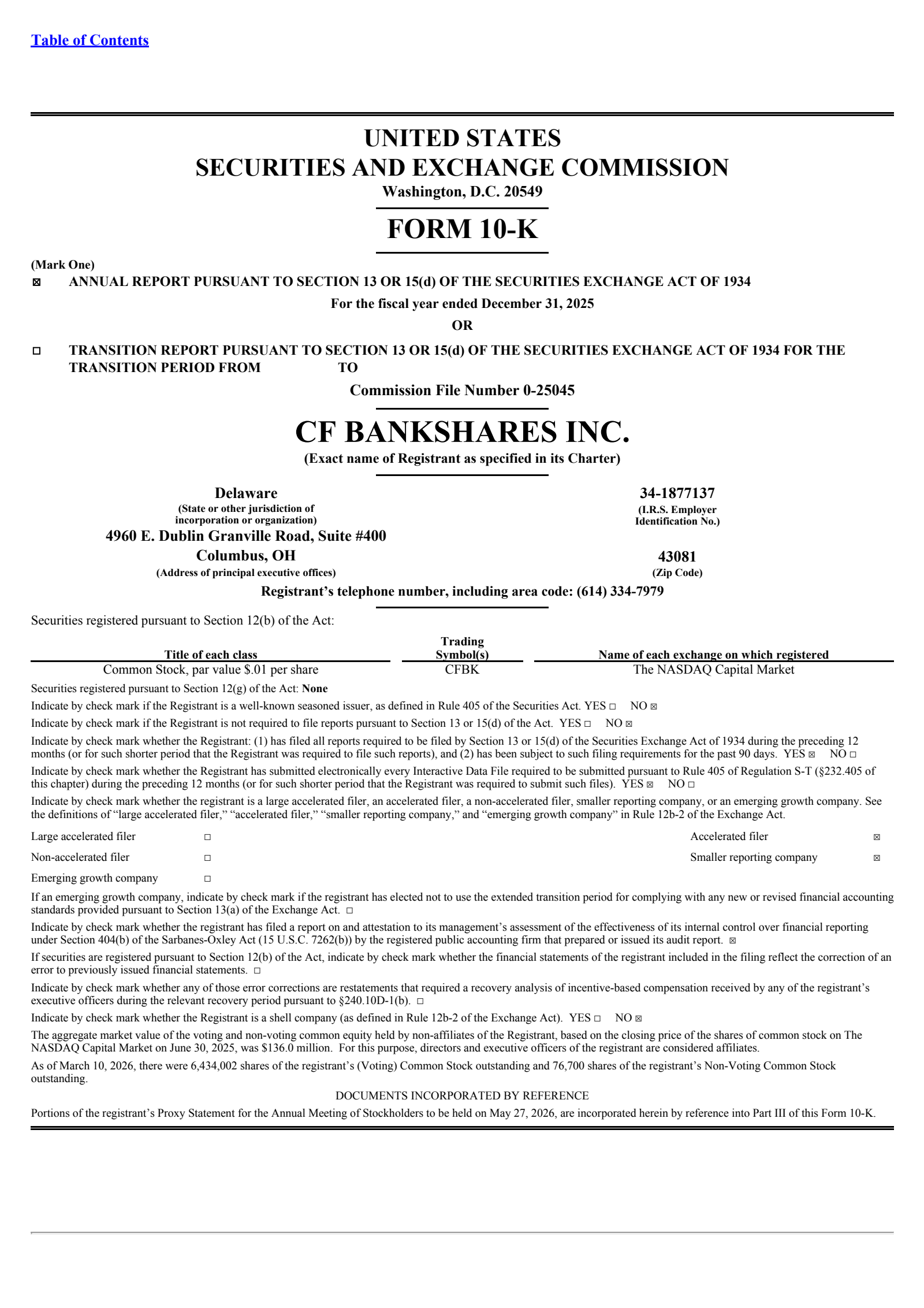CF Bankshares' Q4 2025 Annual report