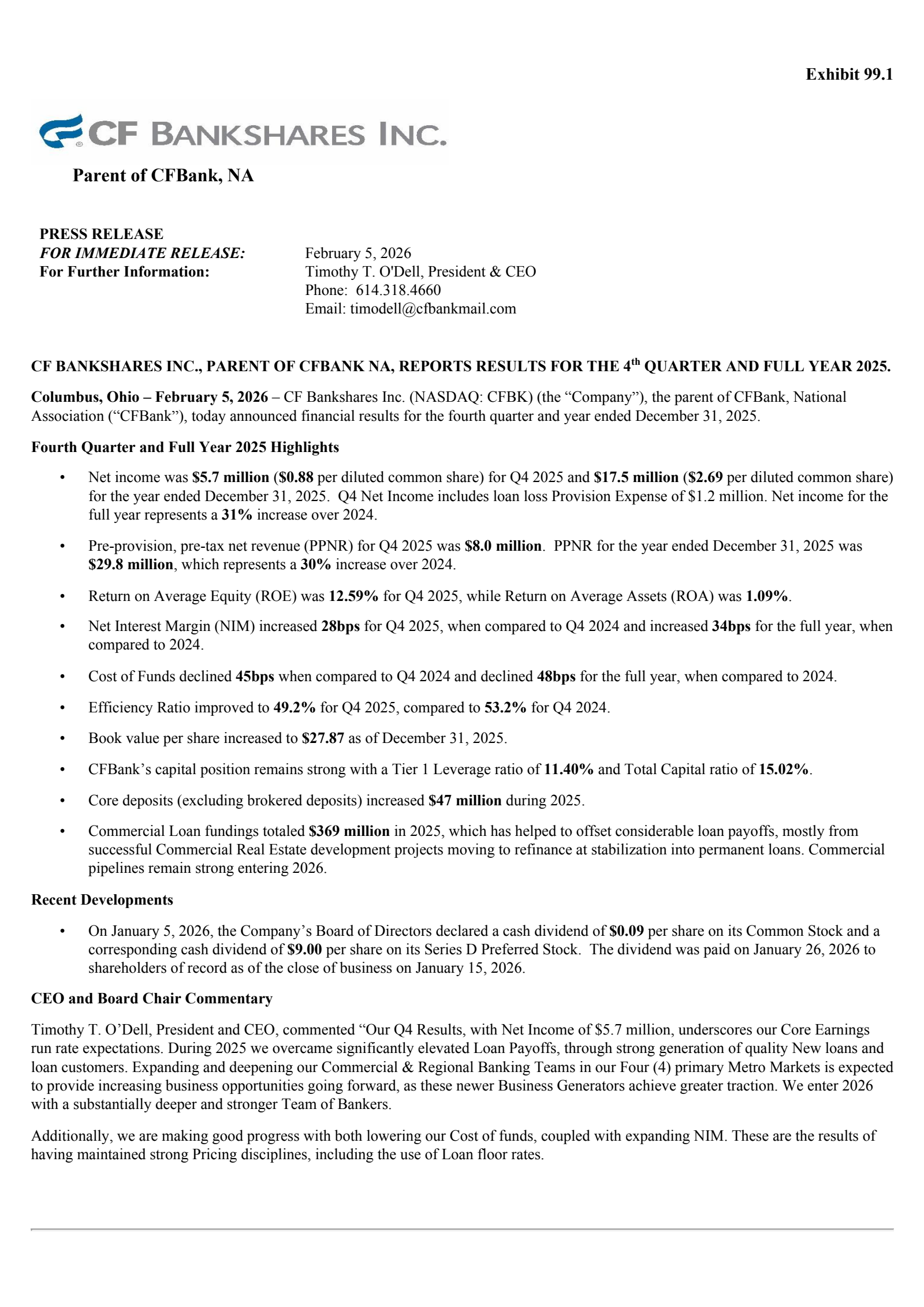 CF Bankshares' Q4 2025 Press Release